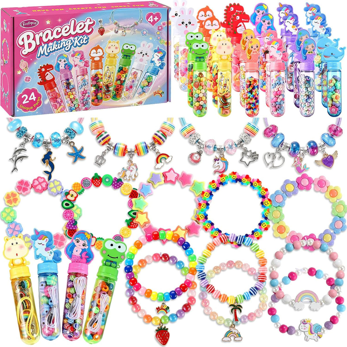 Funtopia Paquete de 24 kits de fabricación de pulseras para niñas de 4-6-8