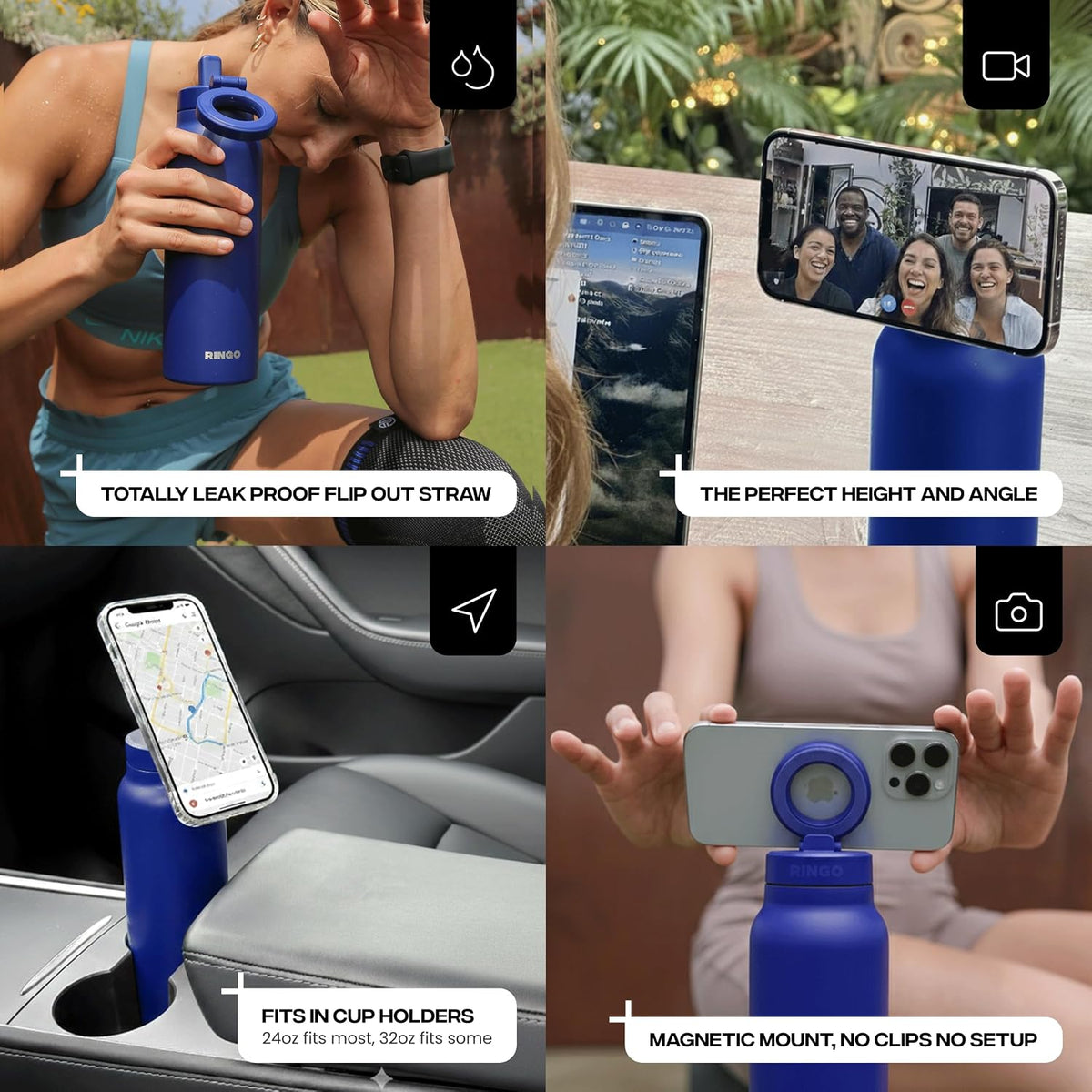 RINGO Pro Botella de agua aislada, soporte magnético para trípode para teléfono, azul, 24 onzas