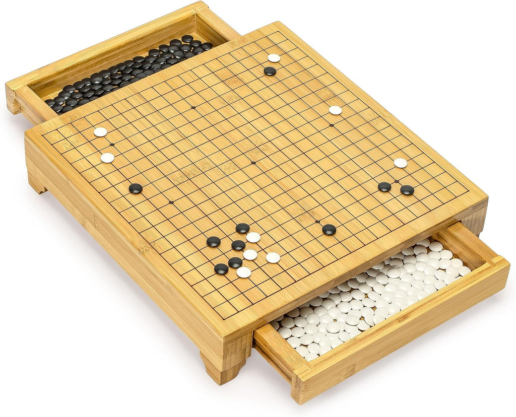 Bamboo Go Juego – Tablero de madera de 12.6 x 12.2 pulgadas con cajones de almacenamiento extraíbles y piedras de melamina convexas dobles – Juego de estrategia Baduk/Weiqi de tamaño completo Yellow Mountain Imports