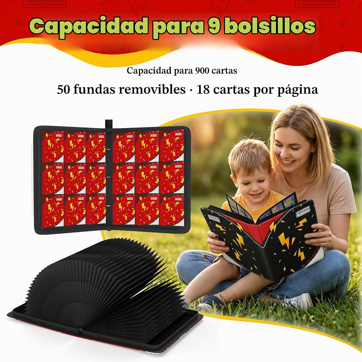 Carpeta de tarjetas para tarjetas de Pokémon, carpeta de 9 bolsillos para 900 tarjetas con 50 fundas extraíbles, 3 anillos con cremallera, estuche para tarjetas TCG, MTG, colección de tarjetas