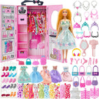 Juego de 122 piezas de armario de muñecas con muñecas de 11.5 pulgadas, ropa y accesorios, incluye armario, vestidos de princesa, zapatos, bolsas, perchas otros accesorios, juguetes de vestir para niñas, niños pequeños (rosa)