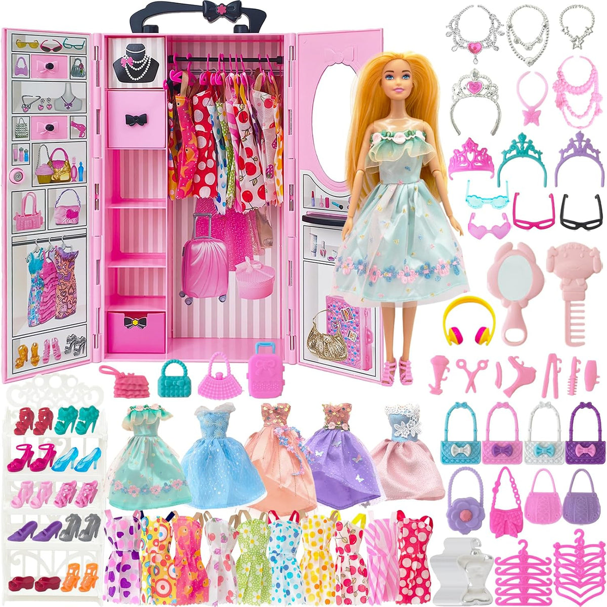 Juego de 122 piezas de armario de muñecas con muñecas de 11.5 pulgadas, ropa y accesorios, incluye armario, vestidos de princesa, zapatos, bolsas, perchas otros accesorios, juguetes de vestir para niñas, niños pequeños (rosa)
