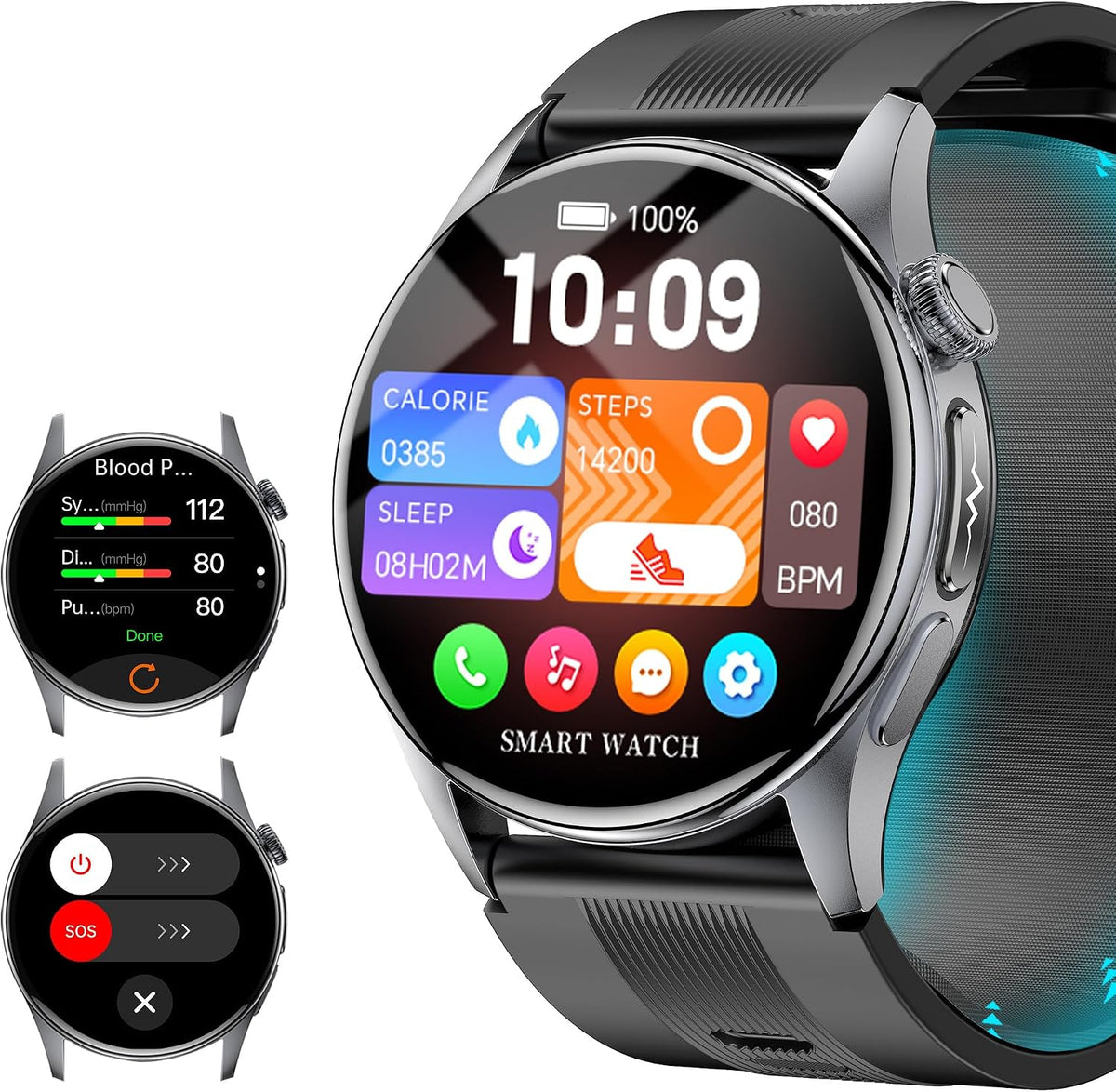 AMOLED - Relojes inteligentes de pantalla grande de 1.56 pulgadas para hombres y mujeres, reloj con monitor de presión arterial con bolsa de aire con frecuencia cardíaca