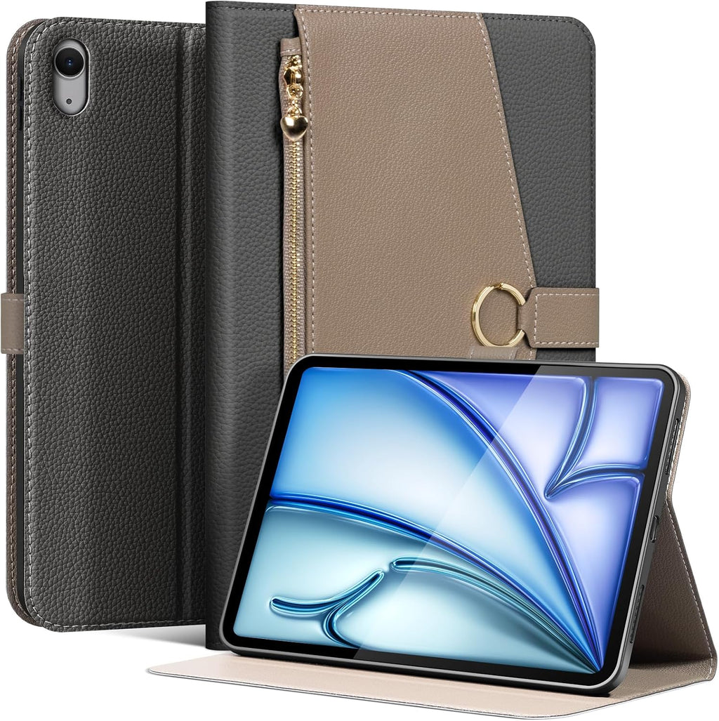 Funda de Cuero para iPad Air 11/10.9 (2020-2025 M3/M2/5ª/4ª Gen) con Bolsillo y Hebilla, Activación/Suspensión Automática, Soporte Ajustable Resistente a Golpes, Gris Oscuro con Gris