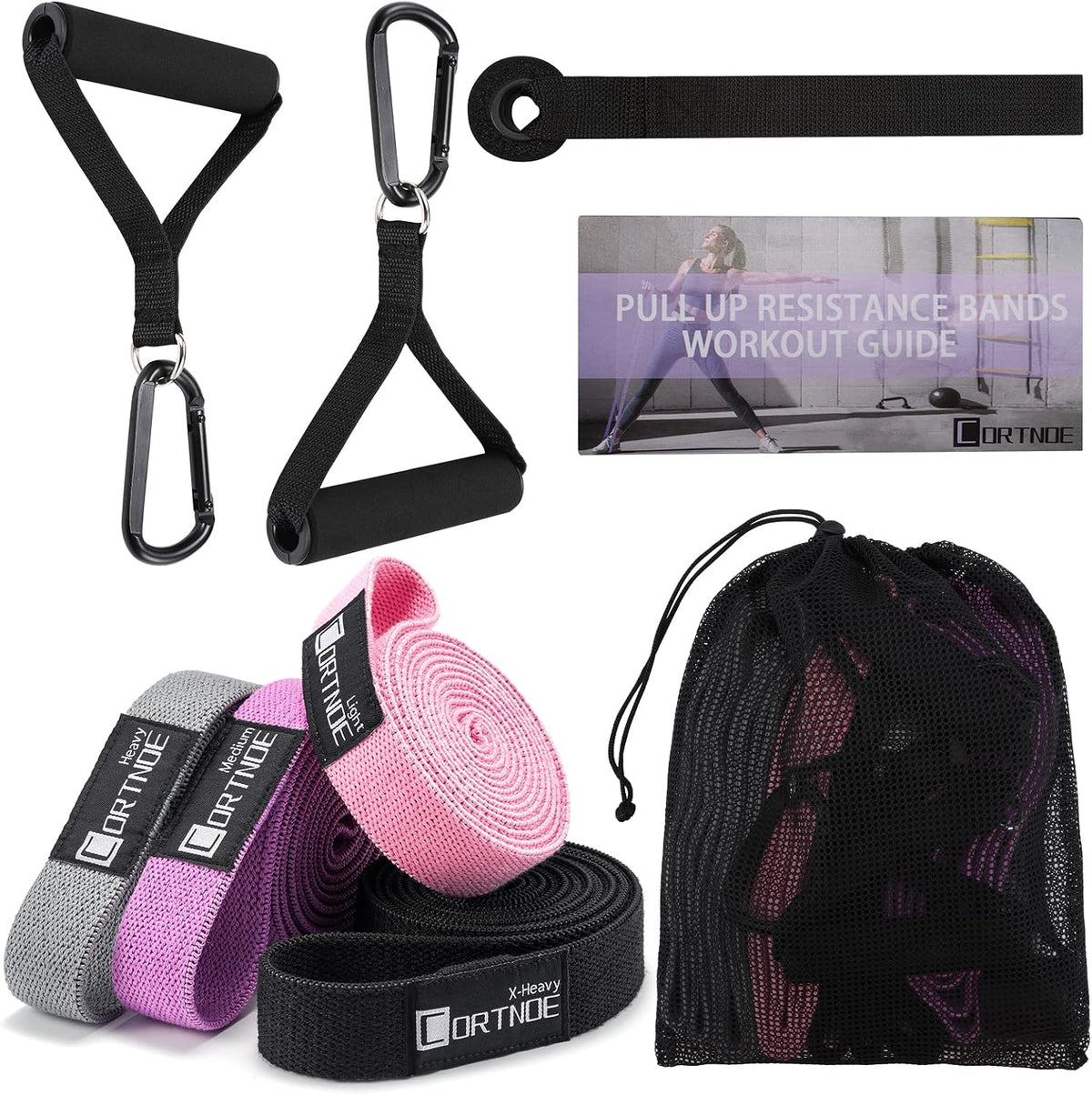 Bandas de resistencia con asas, bandas de resistencia largas de tela, juego de 10 bandas largas de entrenamiento con anclaje de puerta, asas, bandas de ejercicio para entrenamiento