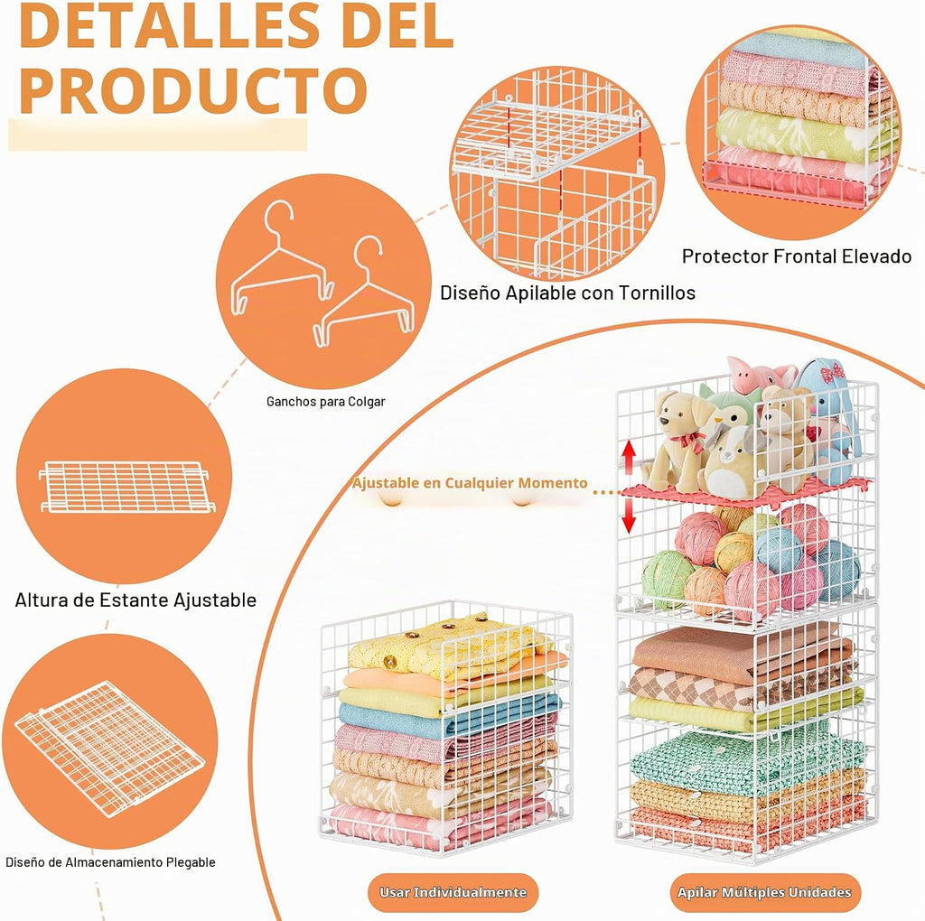 Organizadores de armario colgantes de profundidad extendida de 8 niveles y almacenamiento para sistema de armario, estantes apilables con 4 divisores ajustables para ropa, suéteres y bolsos, cesta