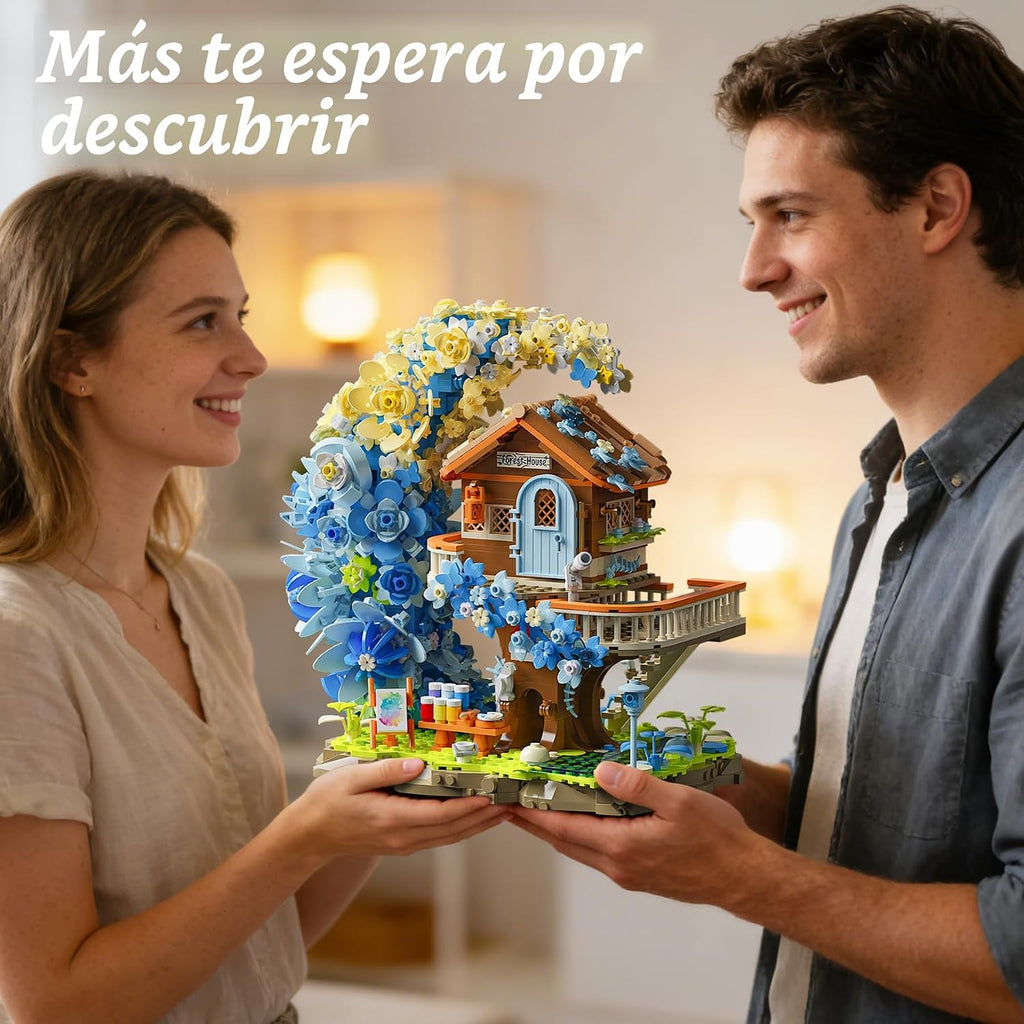 Blue Moon - Juego de construcción de casa de flores con luz, colección botánica, kit de bloques de construcción de casa del árbol, compatible con Lego para decoración del hogar de adultos