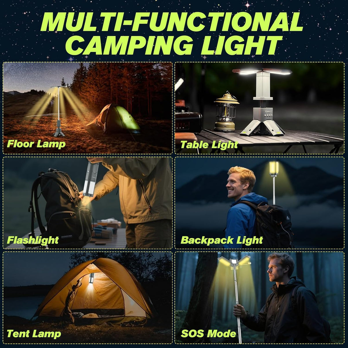 Lámpara SakerPlus Luz portátil para campamento, linterna telescópica de campamento de 14000 mAh con fuente de alimentación recargable, lámparas magnéticas regulables para tienda de campaña de 6000 lúmenes