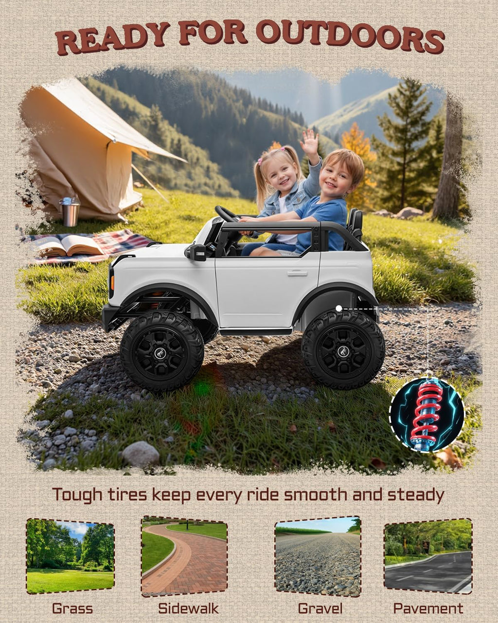 First Ride On Auto de 24 V y 2 plazas para niños, base Ford Bronco con licencia con control remoto, camión eléctrico con Bluetooth, LED, cinturones de seguridad y diseño espacioso (blanco)