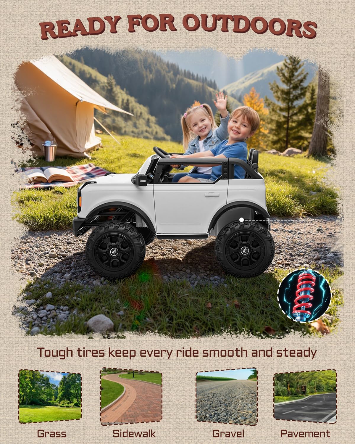 First Ride On Auto de 24 V y 2 plazas para niños, base Ford Bronco con licencia con control remoto, camión eléctrico con Bluetooth, LED, cinturones de seguridad y diseño espacioso (blanco)