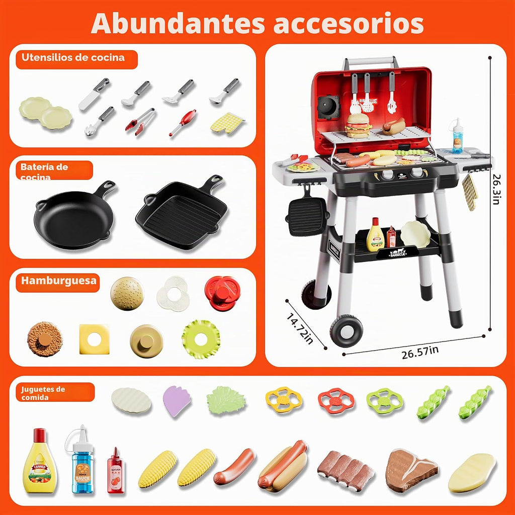 Set de juego para niños Parrilla BBQ de 2 niveles, Parrilla de juguete para niños, Comida de juego para exteriores