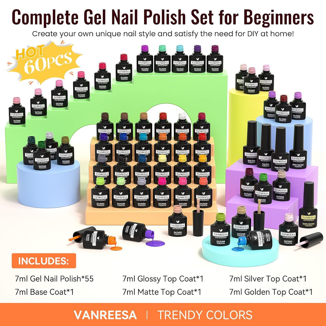 VANREESA Juego de 60 esmaltes de uñas de gel, 55 colores con capa b...