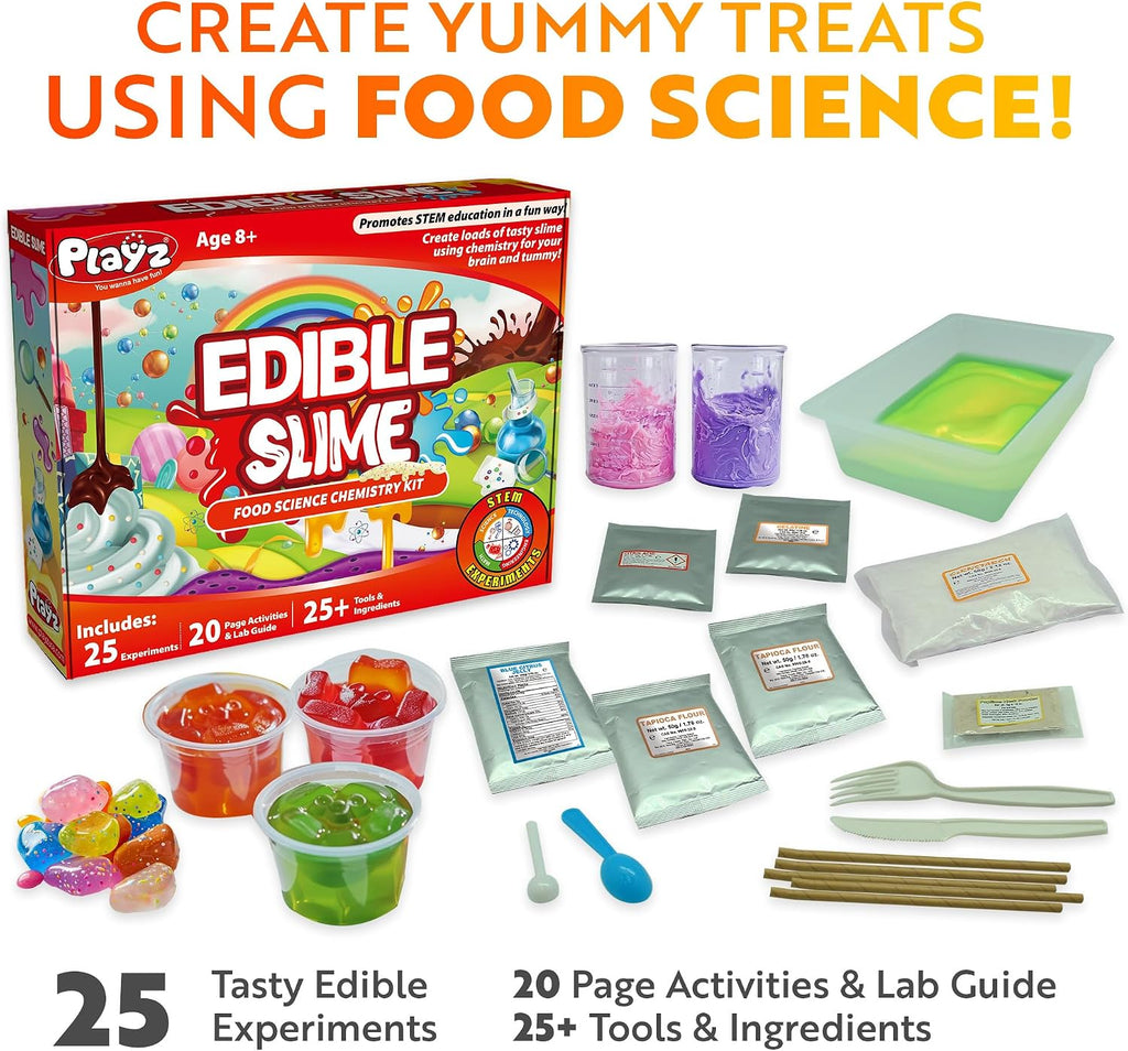 Playz Kit de fabricación de dulces de baba comestibles para niños de 8 a 12 años – Kit de ciencia de química de alimentos para niños con 25 experimentos para hacer chocolates de baba, kits de ciencia