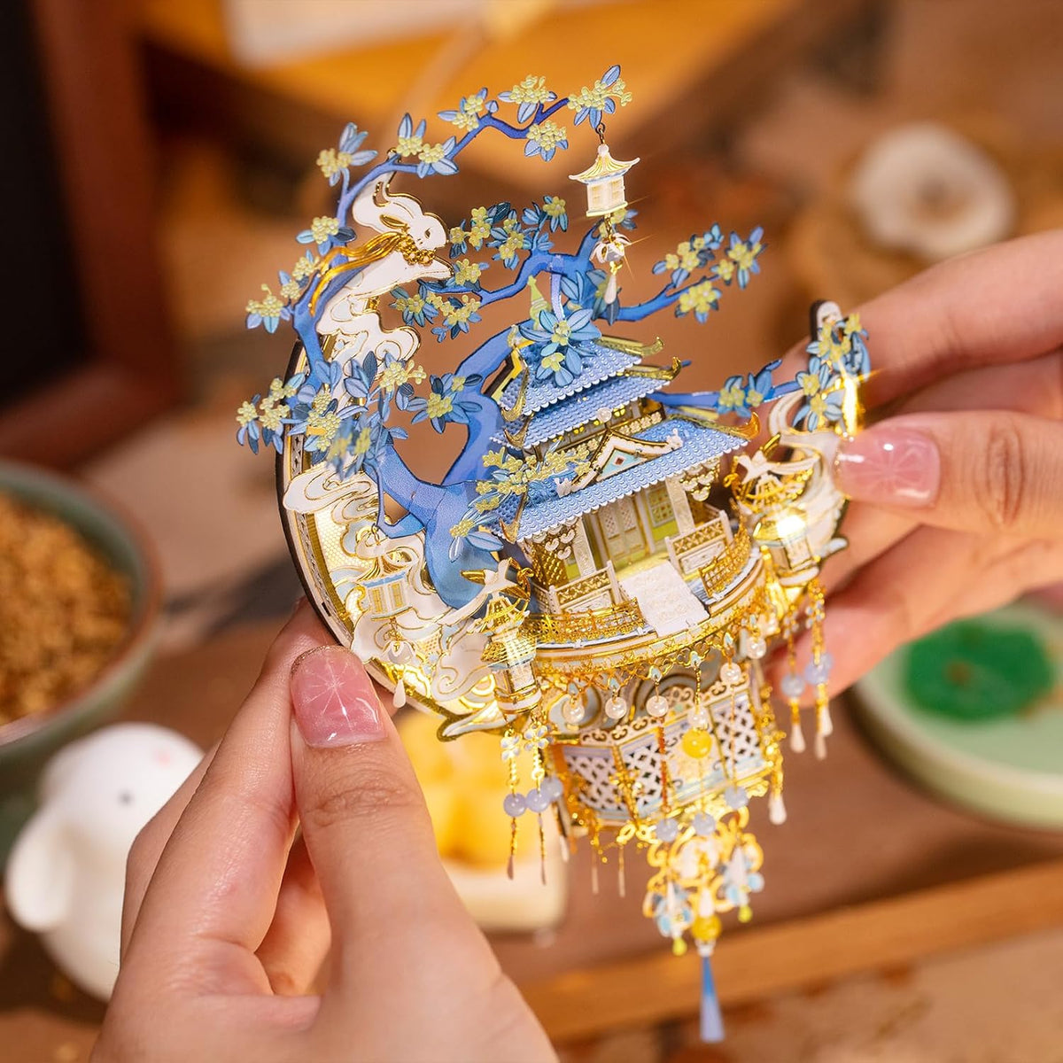 MU Moon Palace - Rompecabezas de metal 3D para adultos, kit de modelo de pagoda china con diseño de conejo de jade y osmanthus, manualidades de montaje de metal de dificultad de 4 estrellas