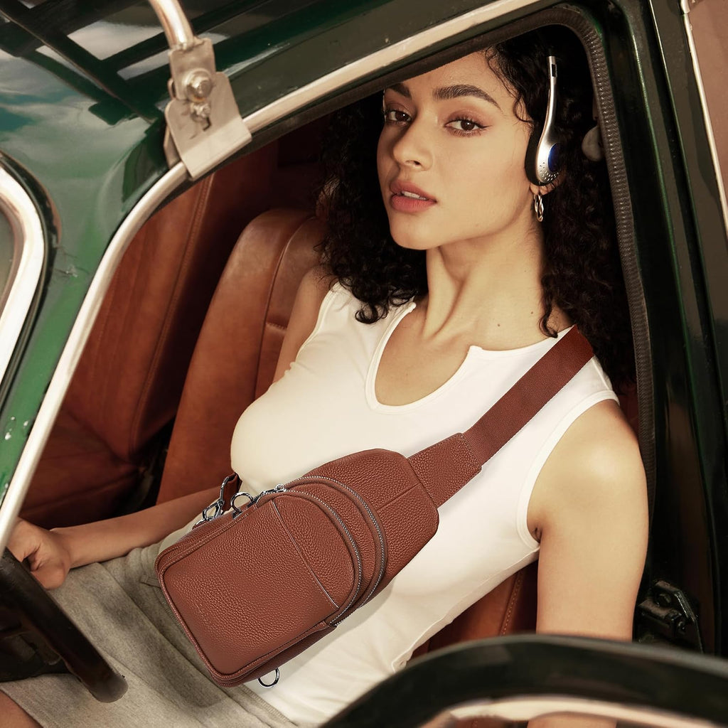 befen Bolso bandolera pequeño de cuero genuino para mujer, antirrobo, bolsa cruzada para el pecho, riñoneras para viajes con ranuras para tarjetas RFID