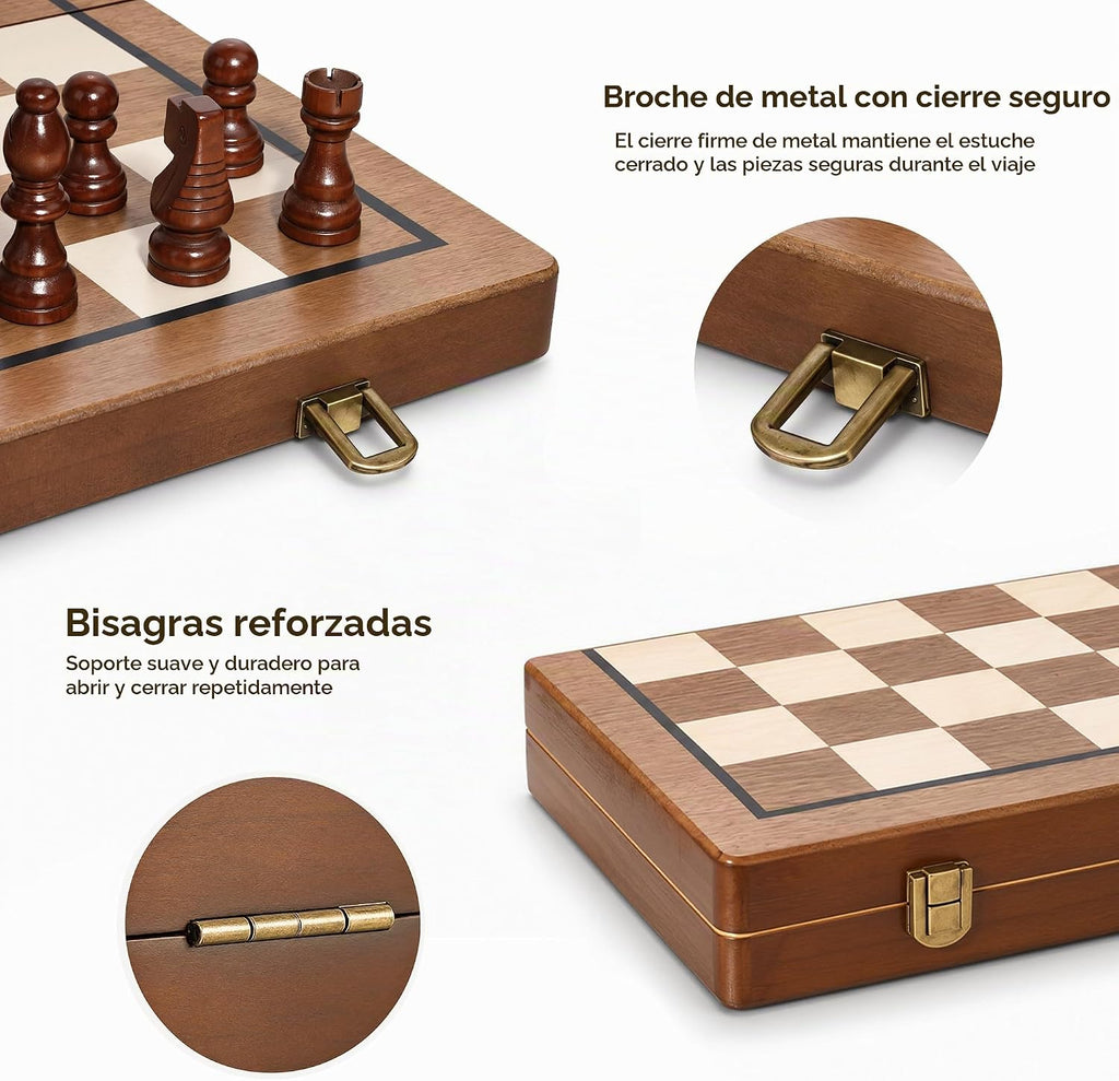 Hvygss - Tablero magnético de ajedrez de 15 pulgadas, juego de ajedrez de madera plegable con damas, piezas hechas a mano con 2 reinas adicionales, juego de mesa de viaje portátil para niños de 6 años