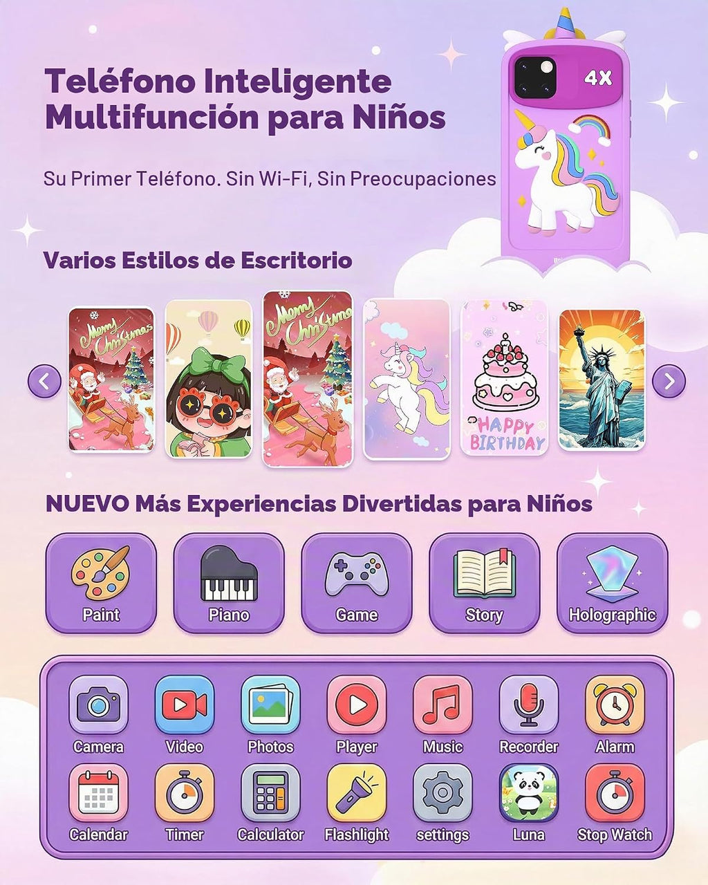 Teléfono inteligente para niños para niñas de 3 a 12 años, teléfonos de