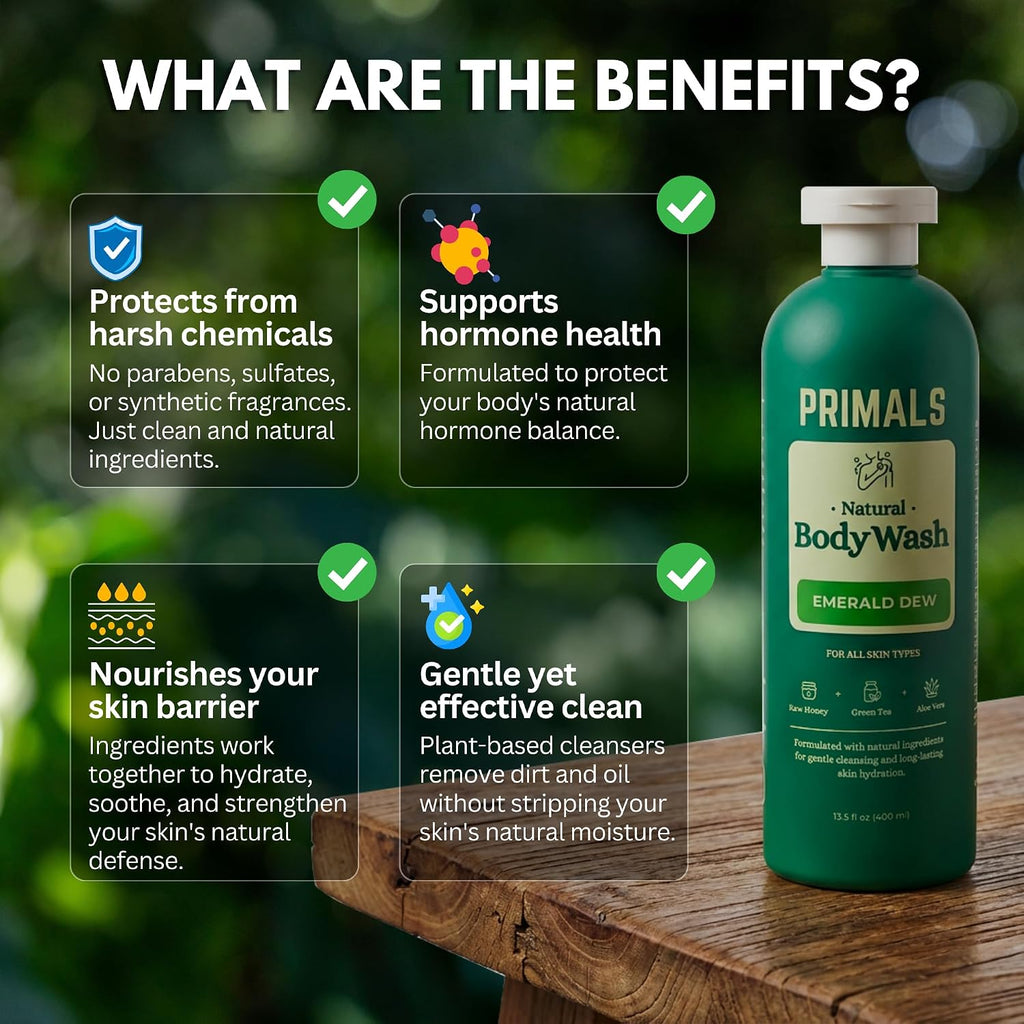 PRIMALS Paquete completo de ducha limpia, cabezal de ducha filtrado, champú fortalecedor del cabello y gel de baño natural, elimina cloro, flúor y metales pesados, cero sulfatos, parabenos o fragran