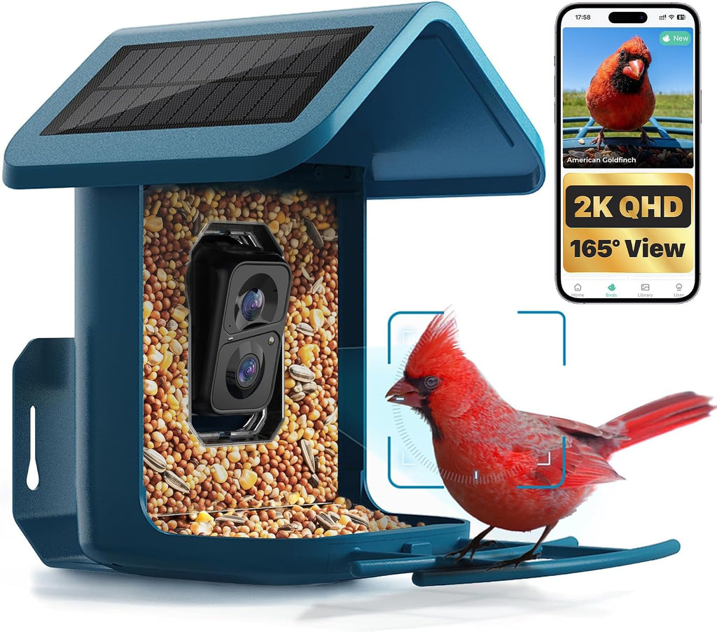 Alimentador de aves inteligente con cámara alimentado por energía solar, transmisión en vivo 2K para el jardín