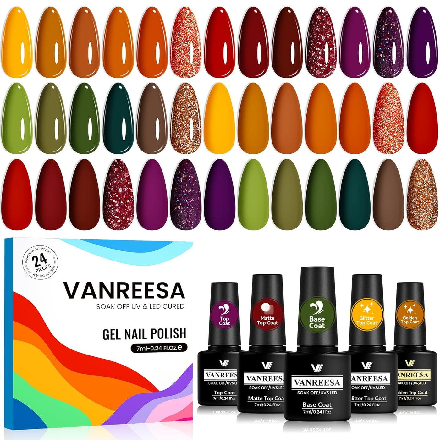 VANREESA Juego de 24 esmaltes de uñas de gel de otoño con capa base...