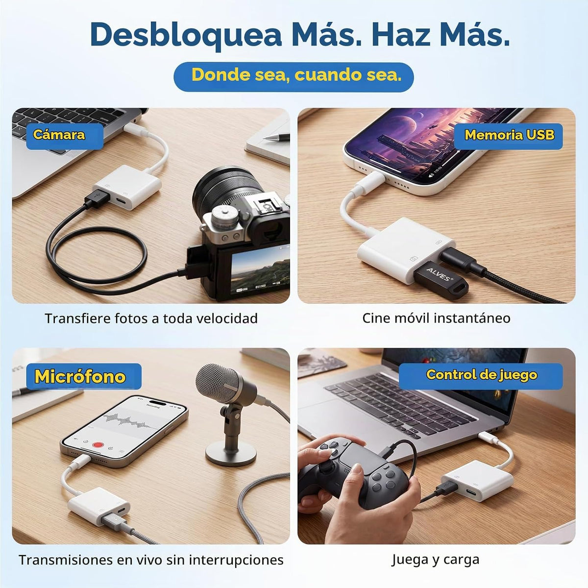 Adaptador de cámara USB C, divisor de carga PD 2 en 1 para iPhone