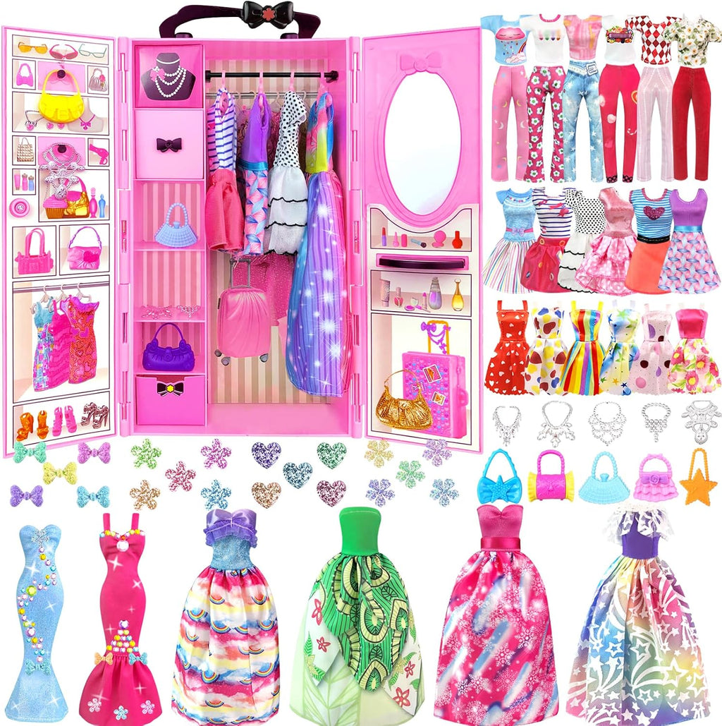 82 piezas de ropa de muñeca y accesorios con armario para muñecas de 11.5 pulgadas, juego de diseño de moda que incluye vestido de boda, vestidos de moda, trajes de tops y pantalones, perchas bolsas