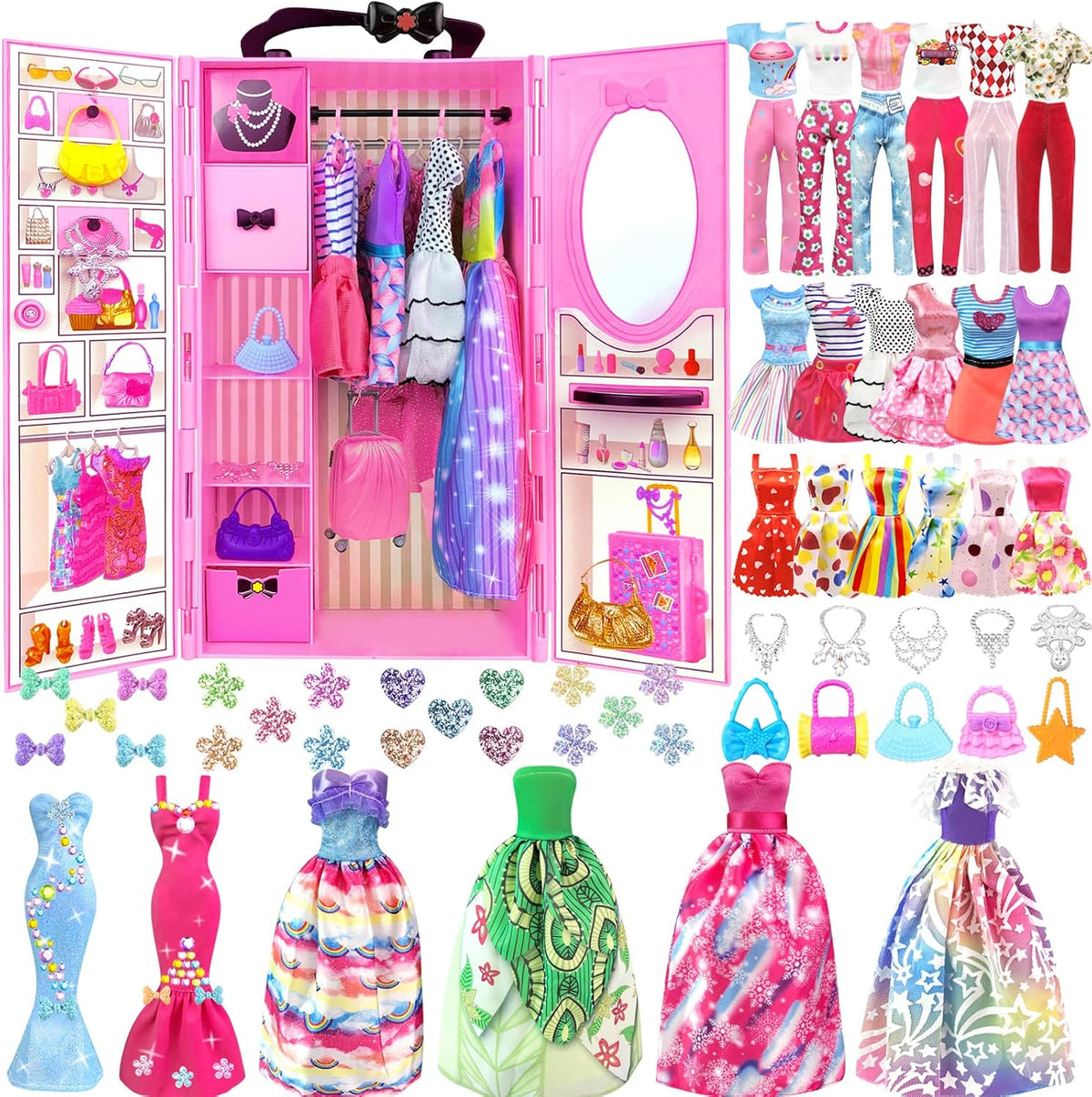 82 piezas de ropa de muñeca y accesorios con armario para muñecas de 11.5 pulgadas, juego de diseño de moda que incluye vestido de boda, vestidos de moda, trajes de tops y pantalones, perchas bolsas