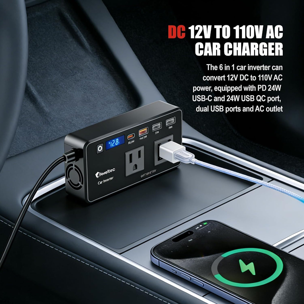 Inversor de coche de 200 W 12 V-110 V convertidor de CA LED USB-C