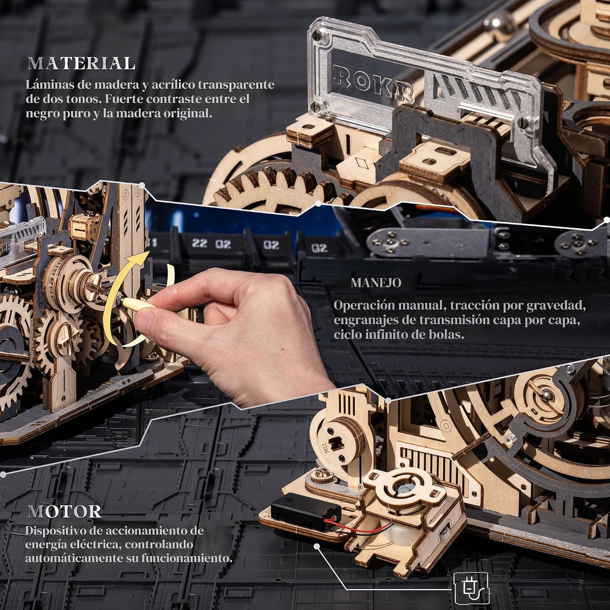 ROKR Rompecabezas 3D para adultos, kit de modelo eléctrico Marble Spaceport LGC01, 472 piezas de rompecabezas de madera con diseño de canicas, juguete de construcción, decoración de escritorio