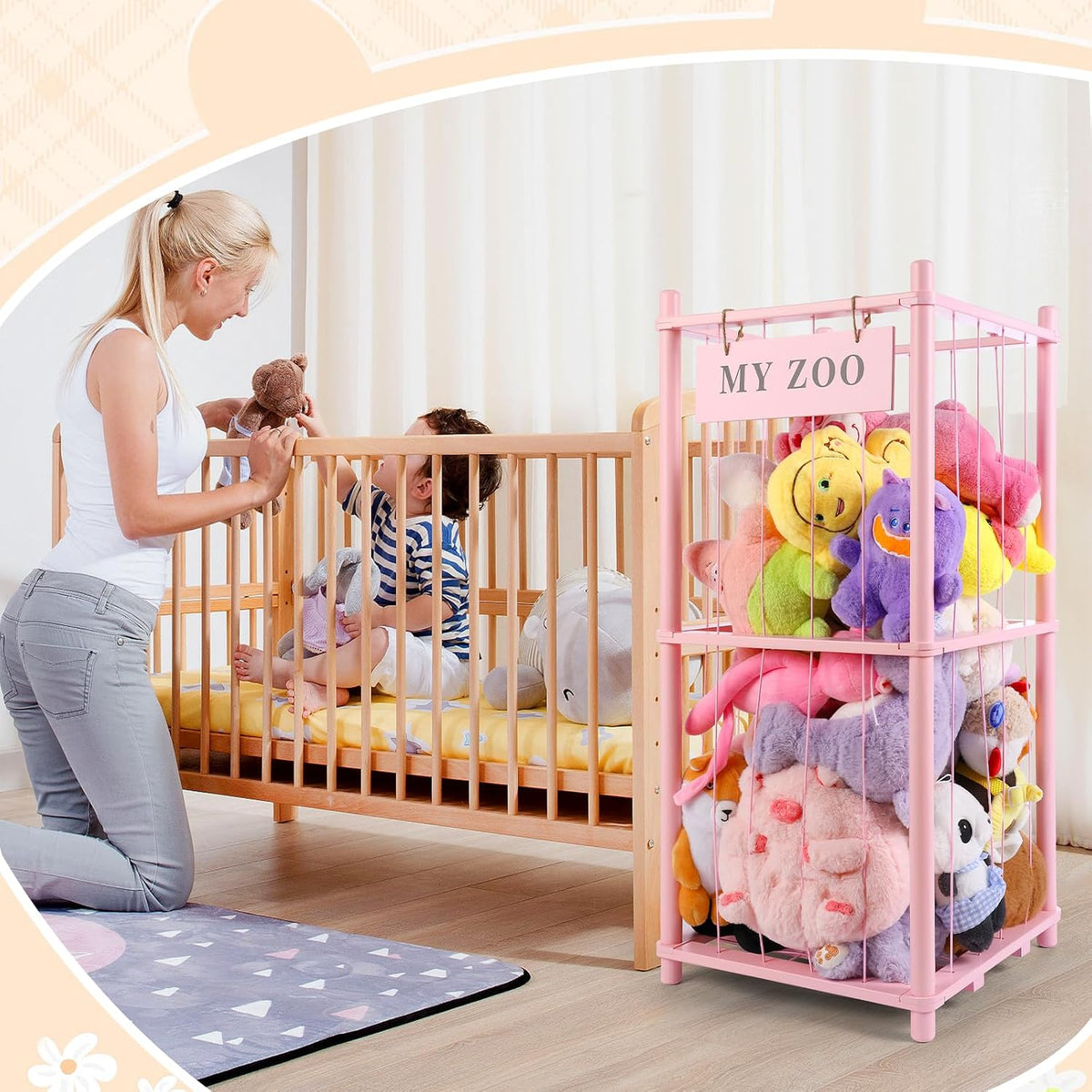 Almacenamiento de Animales de Peluche Zoo, Organizador de Animales de Peluche de Madera con Cuerdas Elásticas para Niños y Niñas, Soporte de Almacenamiento de Juguetes de Peluche que Ahorra