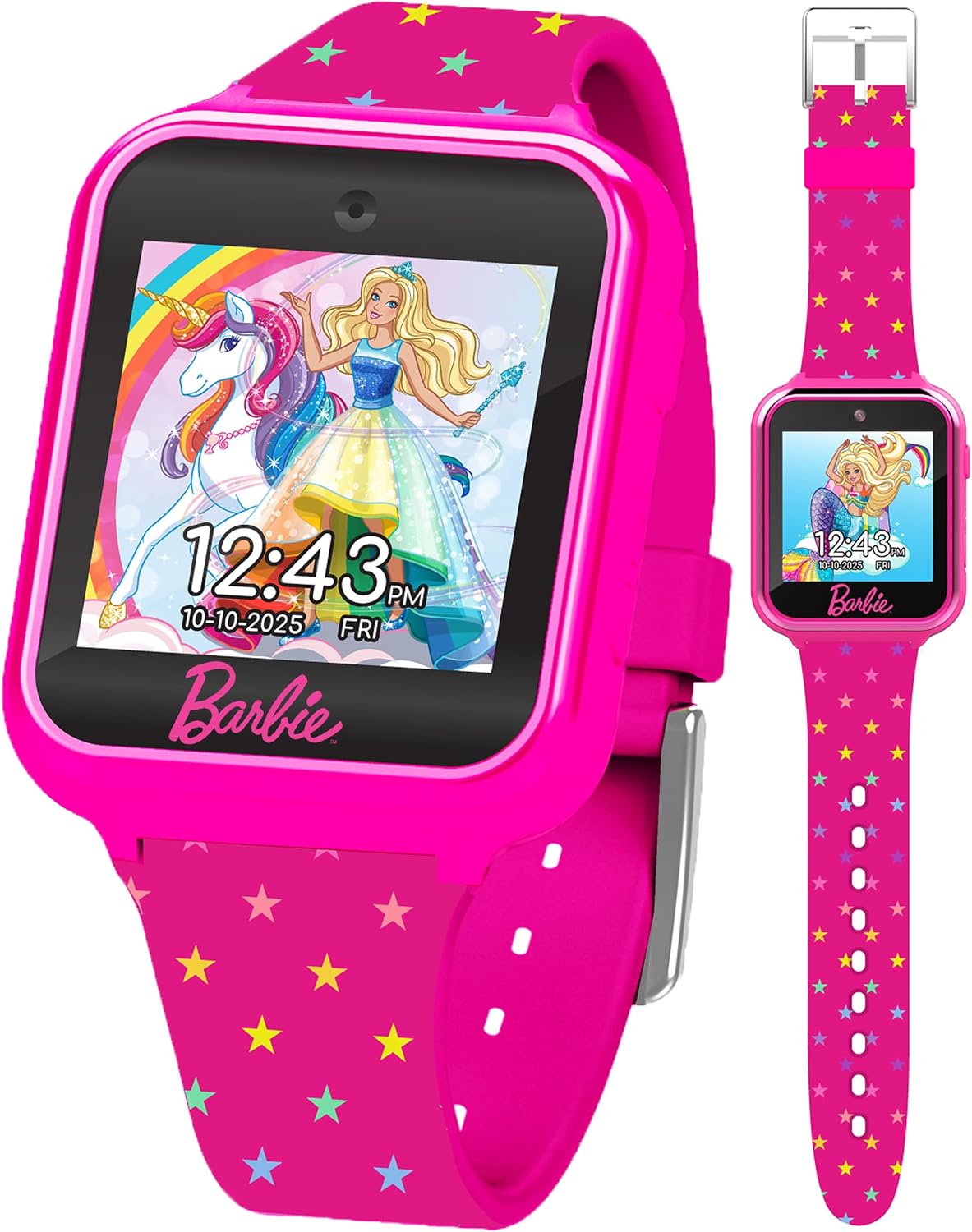 Barbie - Reloj inteligente para niños, pantalla táctil interactiva con juegos, cámara selfie, rastreador de pasos, alarma y elegante correa de silicona impresa, se adapta a muñecas de 5.5 a 8.5 pulgadas