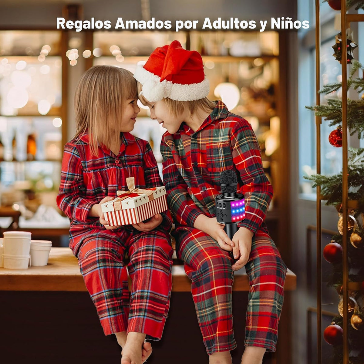 BONAOK - Micrófono de karaoke portátil Bluetooth con luces de discoteca para adultos y niños