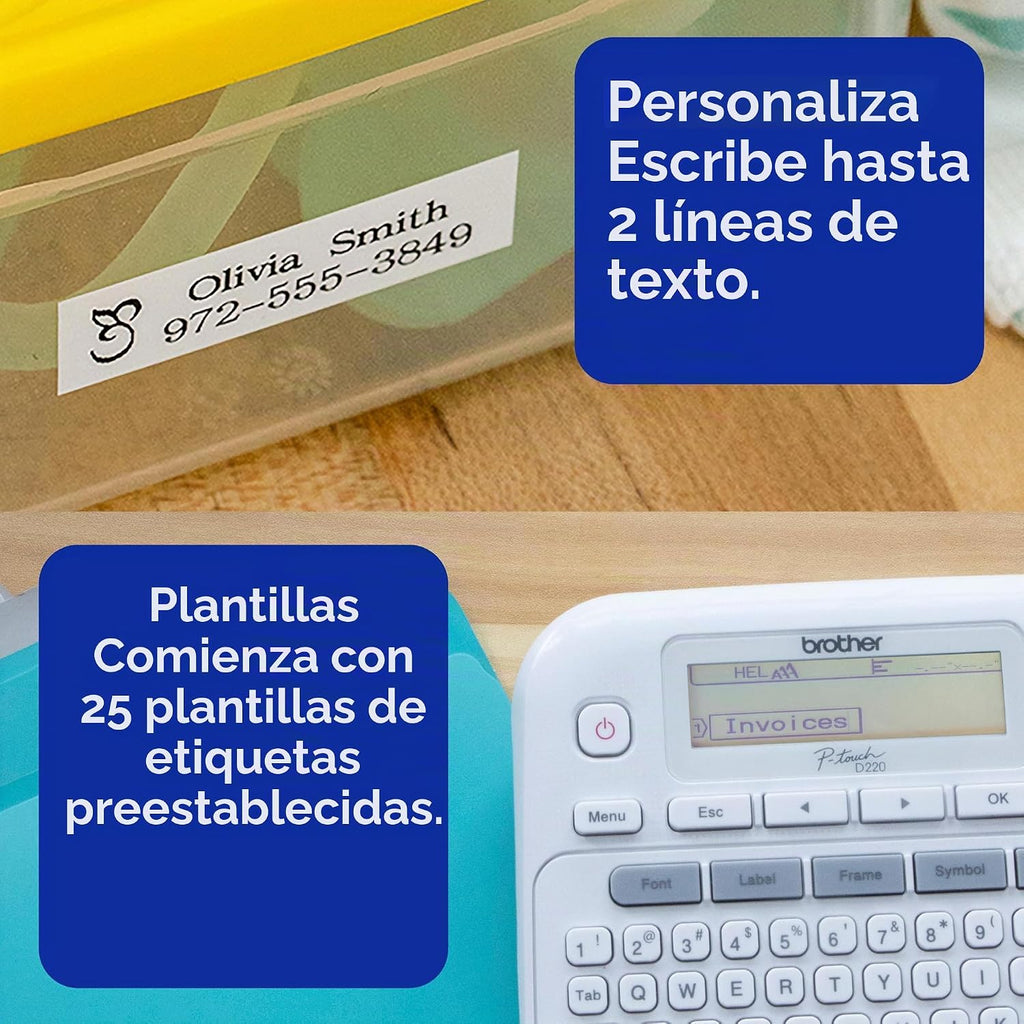 Brother P-Touch - Máquina etiquetadora PTD220, impresora térmica sin tinta para organización del hogar y la oficina, portátil y ligera, teclado QWERTY de un solo toque y 25 plantillas preestablecidas