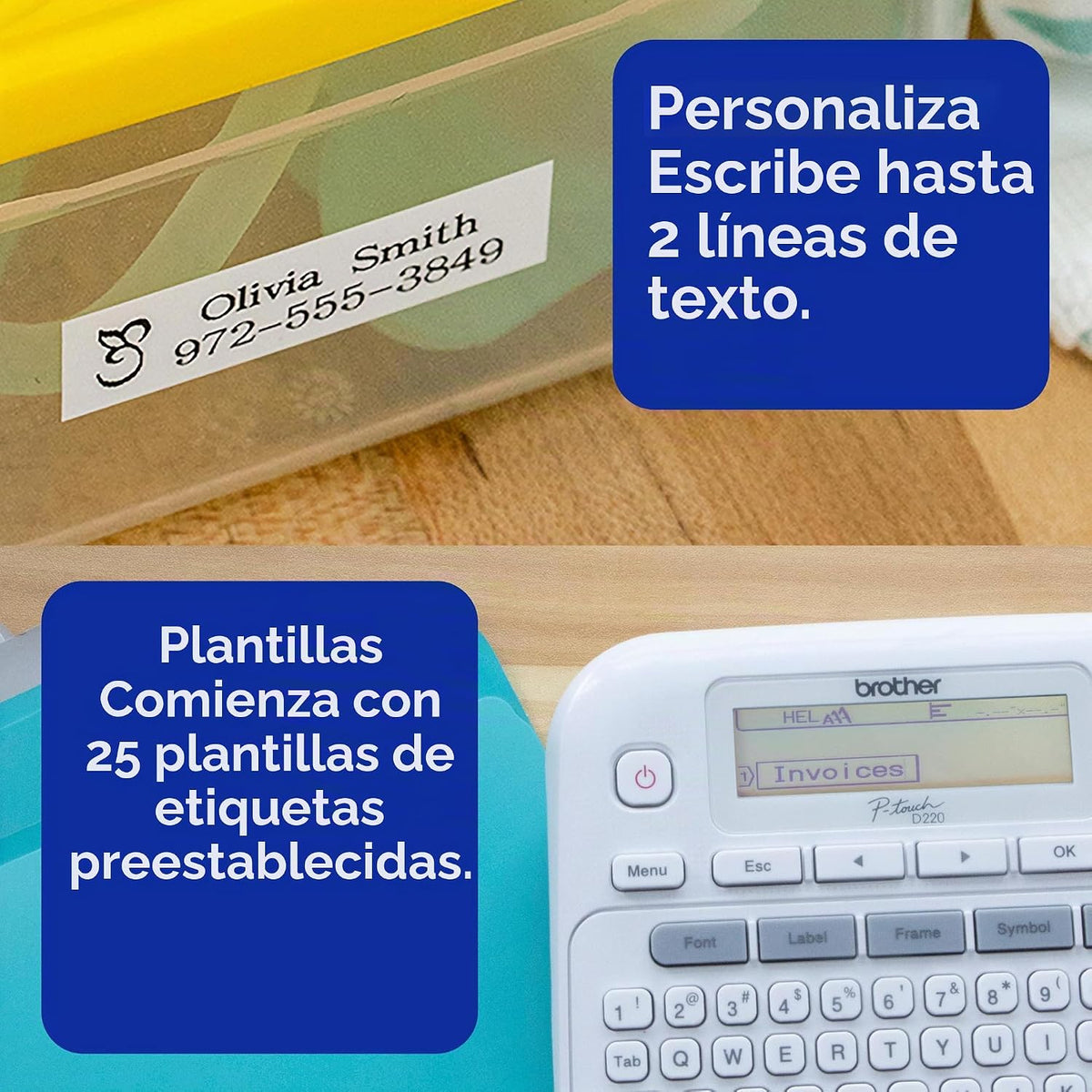 Brother P-Touch - Máquina etiquetadora PTD220, impresora térmica sin tinta para organización del hogar y la oficina, portátil y ligera, teclado QWERTY de un solo toque y 25 plantillas preestablecidas