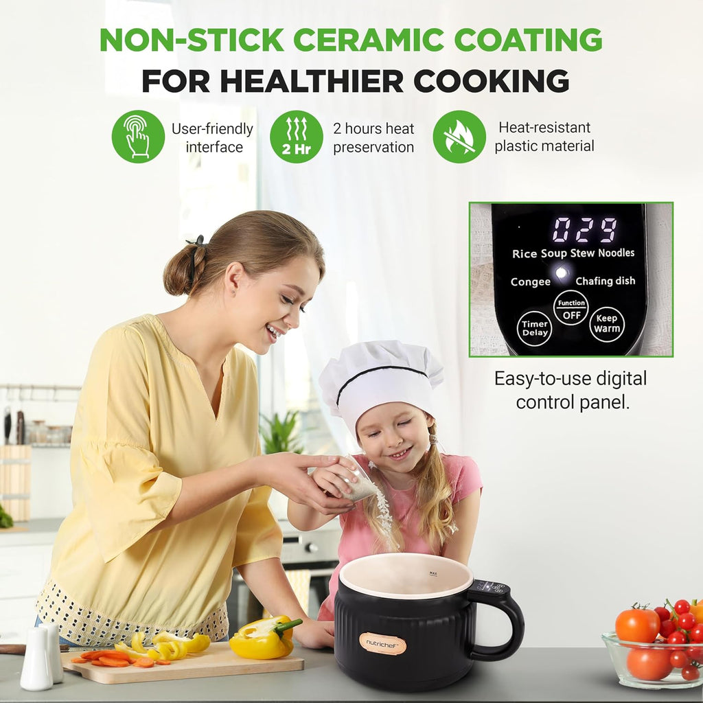 NutriChef Arrocera eléctrica portátil de 1.6 cuartos y máquina de almuerzo | Revestimiento de cerámica multifuncional y antiadherente | Panel de control digital | 6 funciones de cocción: arroz, sopa