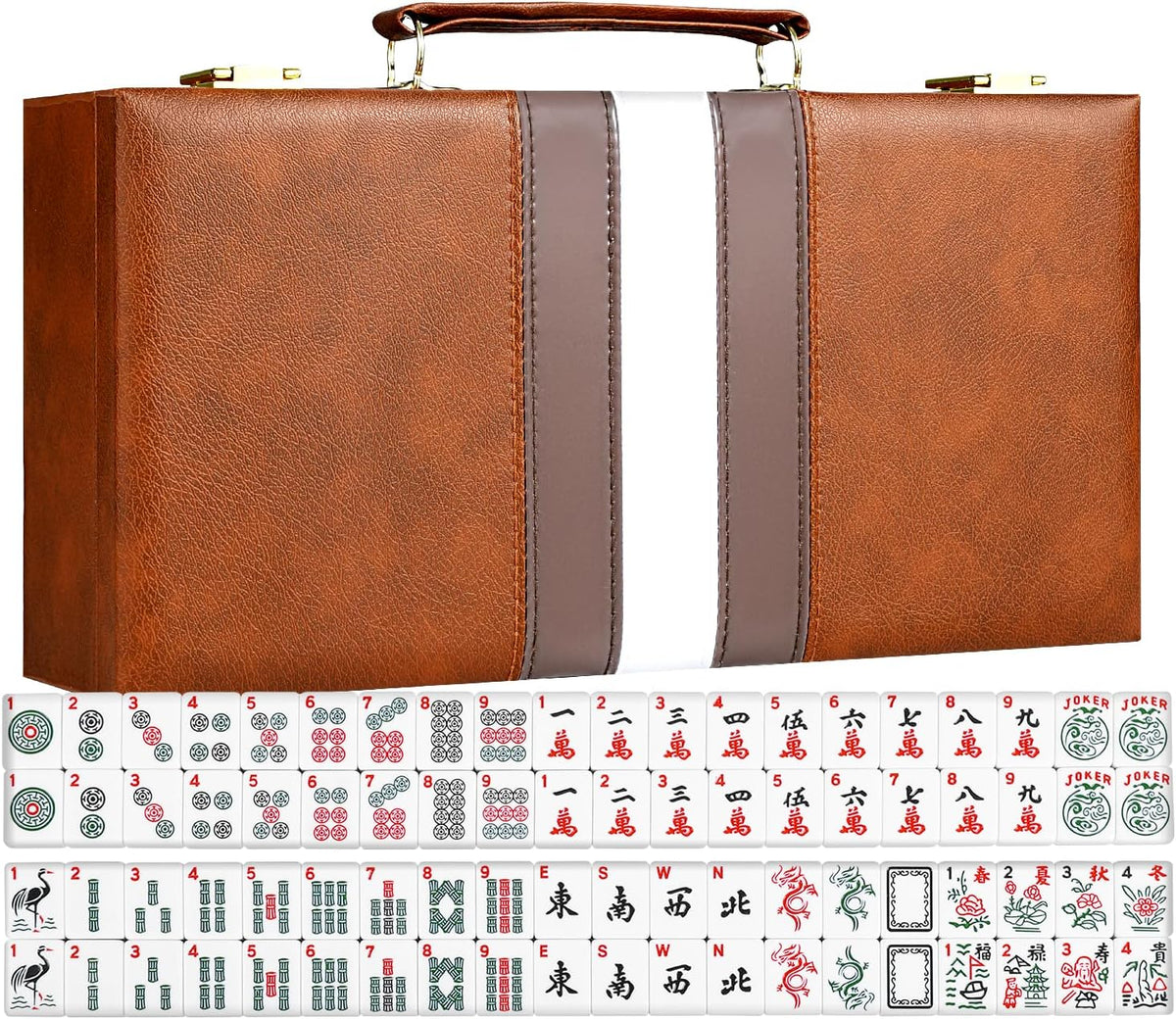 Juego de mahjong americano premium con funda de piel sintética de lujo marrón, 166 azulejos blancos, incluye fichas y dados, juego de azulejos Mahjong portátil de viaje completo