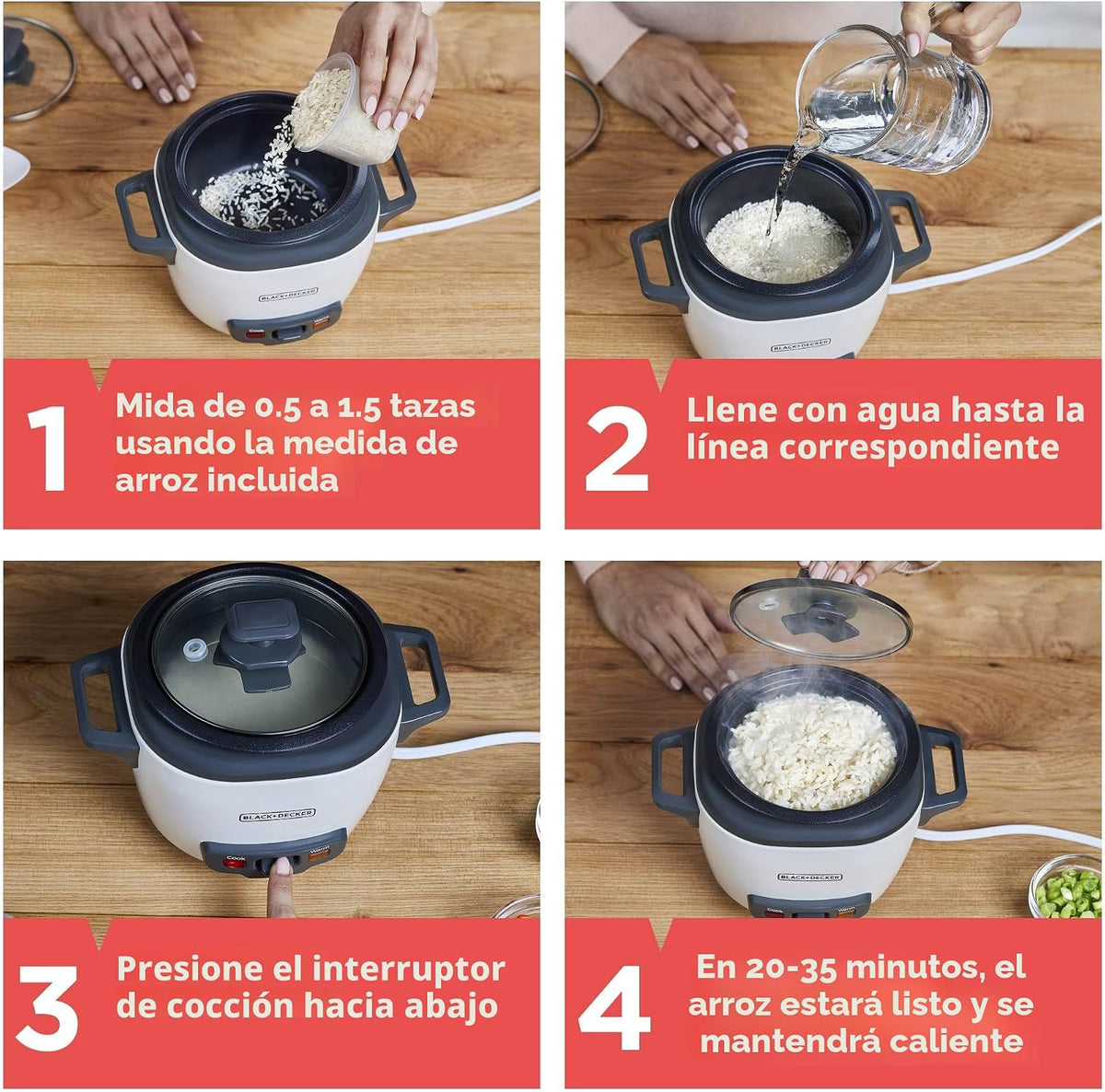BLACK+DECKER Arrocera de 3 tazas, RC503, 1.5 tazas de arroz crudo, cesta de vapor, cuenco antiadherente extraíble, un toque, blanco