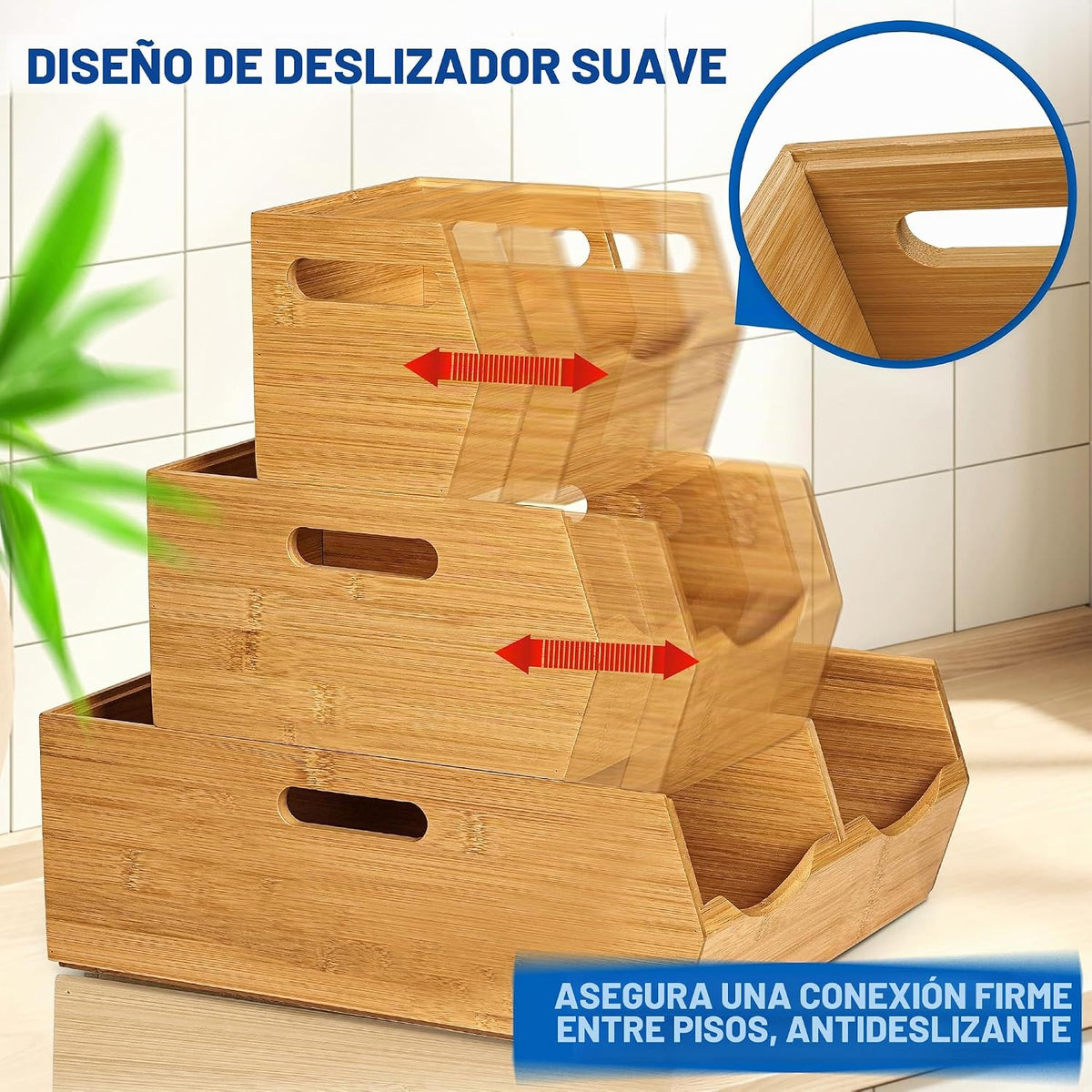 Contenedores de almacenamiento apilables de bambú de 3 niveles, cestas de