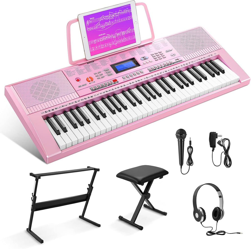 Eastar Kit de piano de teclado electrónico de 61 teclas para principiantes, piano electrónico digital para niños con soporte, banco, soporte de música y micrófono, rosa, instrumento musical, regalos de cumpleaños para niños, niñas e hija