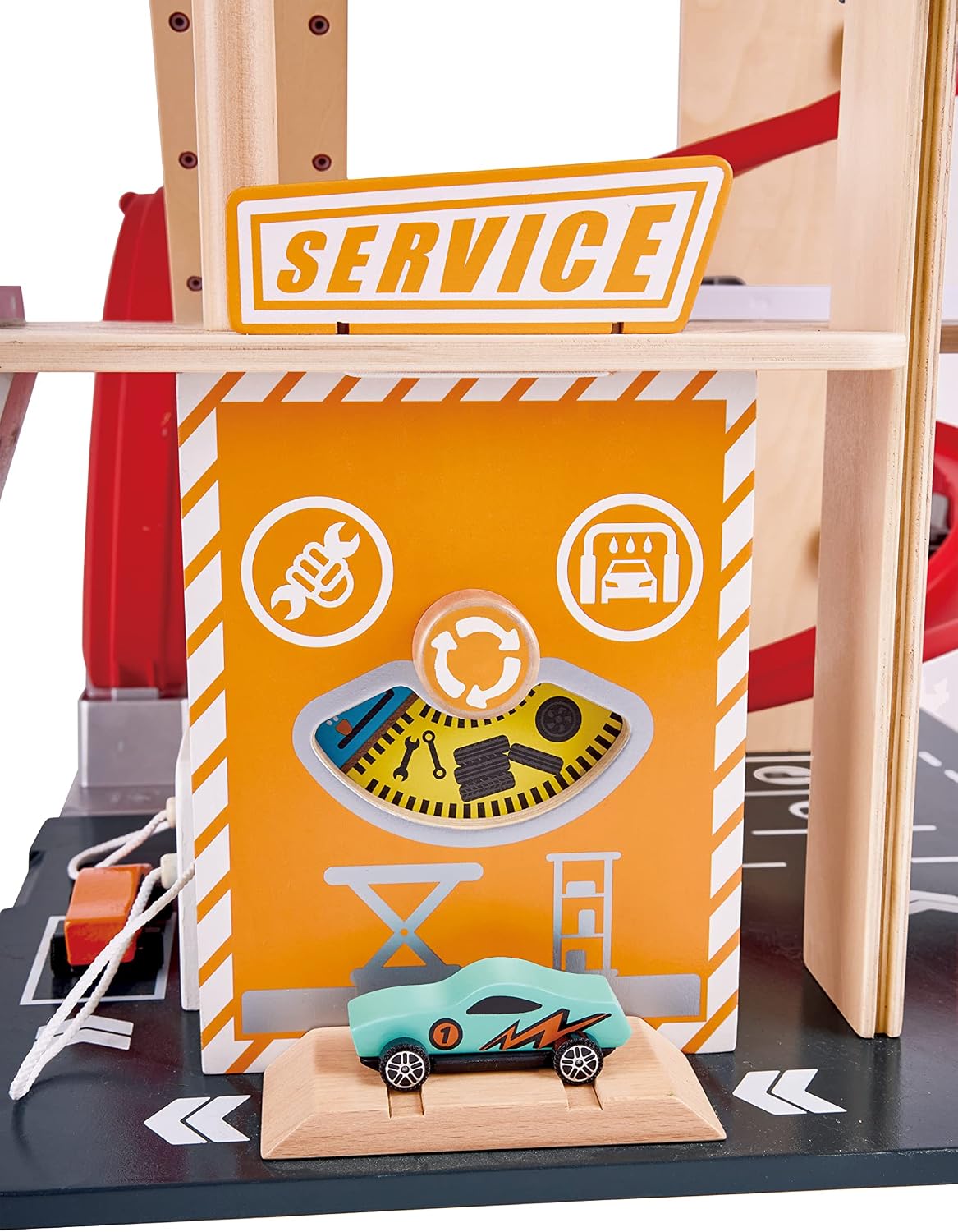 Hape Gearhead Stunt Garage - Juego de Garaje de Estacionamiento de Autos de Juguete de Madera para Niños con Ascensor y 2 Pistas de Salida, Bucle Desmontable, Incluye 2 Autos de Carreras de Juguete de