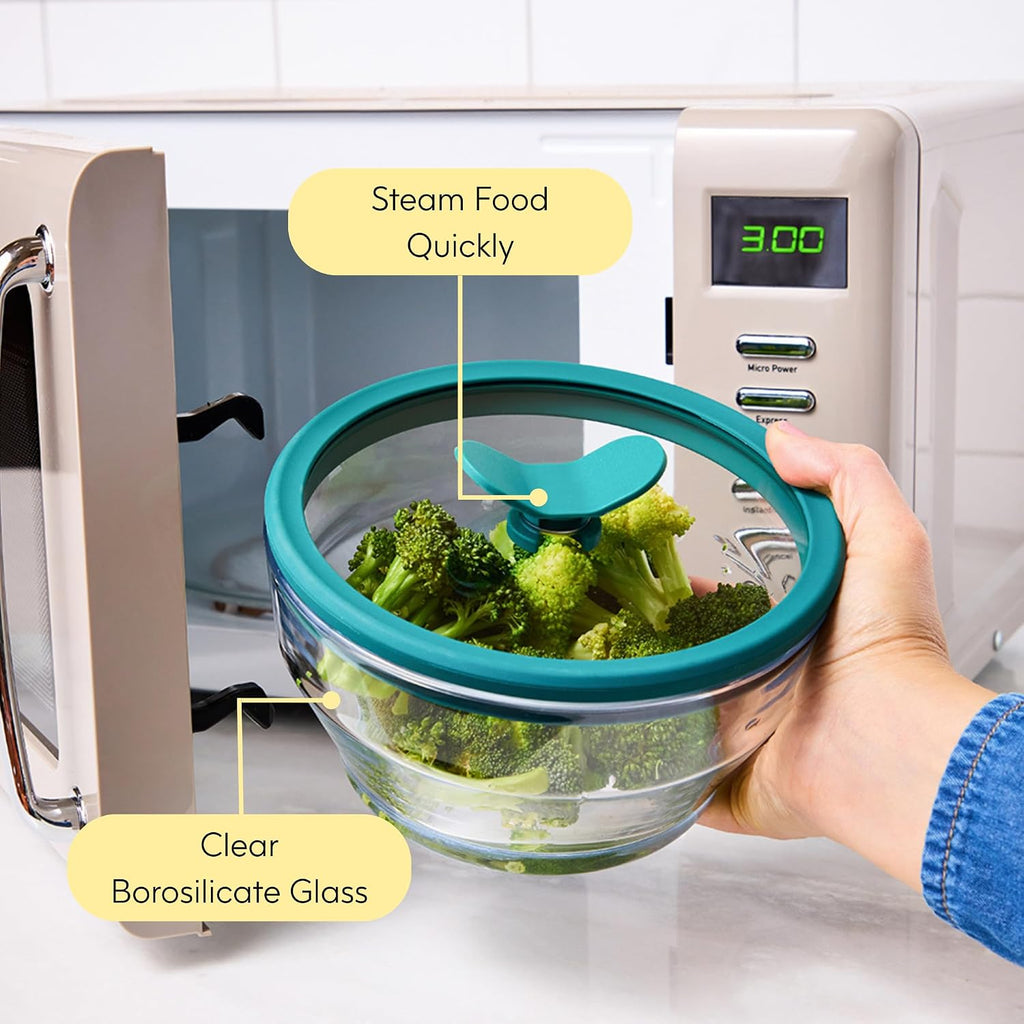 Anyday Paquete de 2 coladores de 4 tazas con clip de silicona y platos profundos | Sin plástico, sin BPA, utensilios de cocina para microondas y almacenamiento de alimentos con tapas de vidrio (Kale)