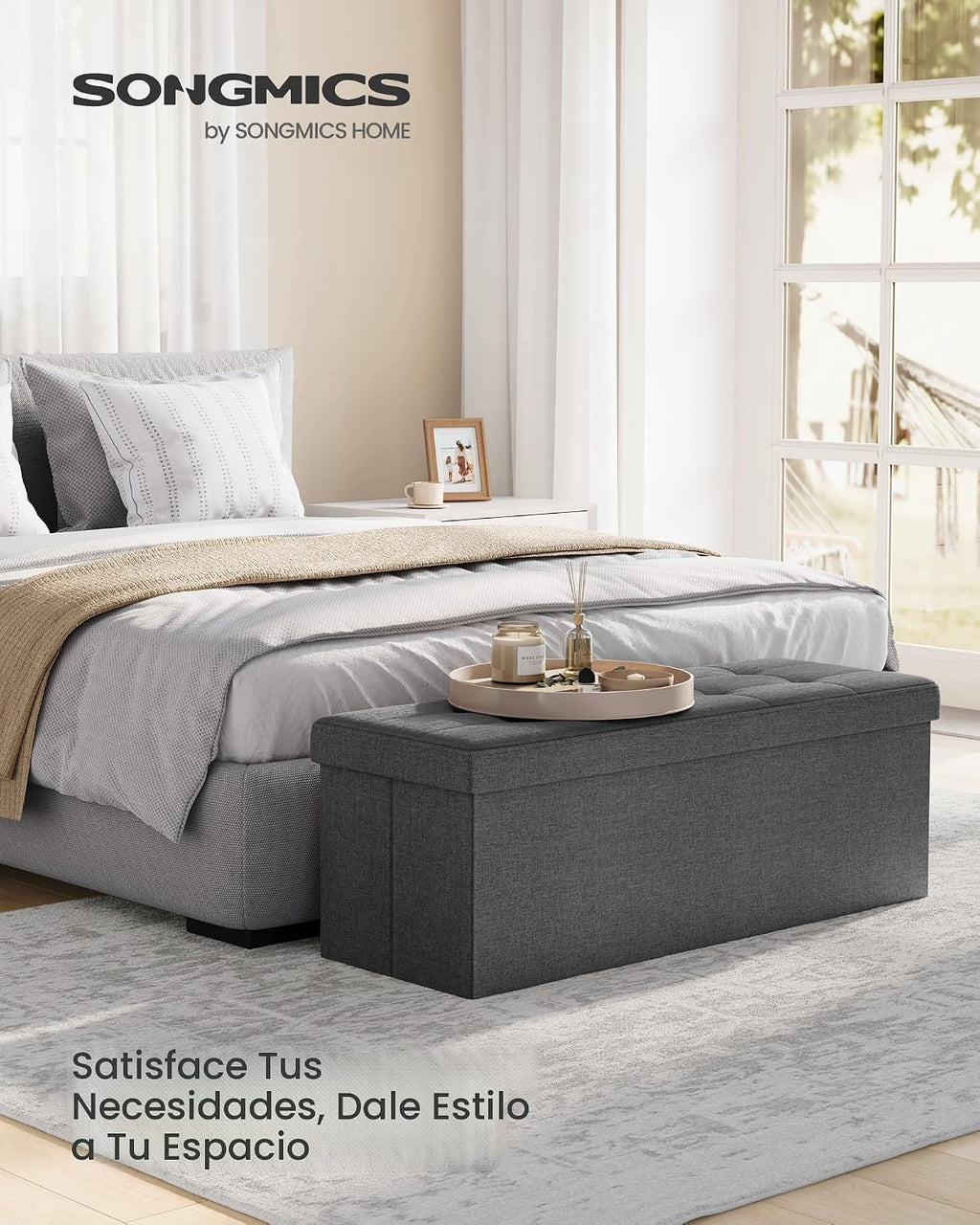SONGMICS Colección MAZIE - Banco otomano plegable de almacenamiento de 43 pulgadas, reposapiés otomano, banco para el final de la cama, pecho de almacenamiento, carga 299 kg, para sala de estar
