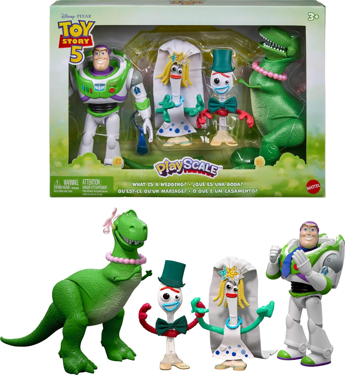 Mattel Disney y Pixar Toy Story 5 ¿Qué es una boda? Paquete de 4 figuras con accesorios, paquete de historia de escala de juegos