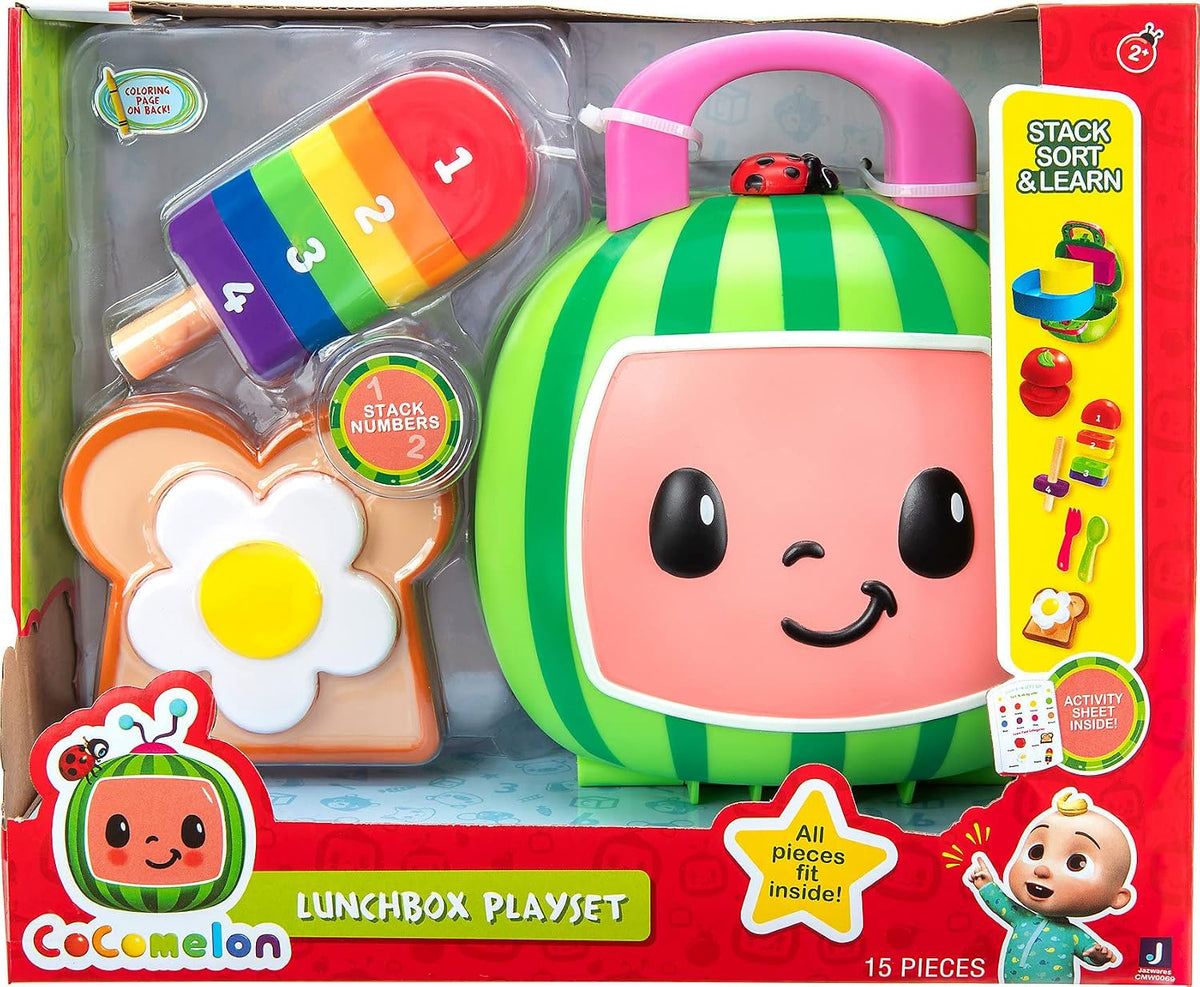 CoComelon Juego de lonchera – Incluye lonchera, bandeja de 3 piezas, tenedor, cuchara, tostadas con huevo, manzana, paleta, tarjeta de actividades, juguetes para niños, niños pequeños y preescolares