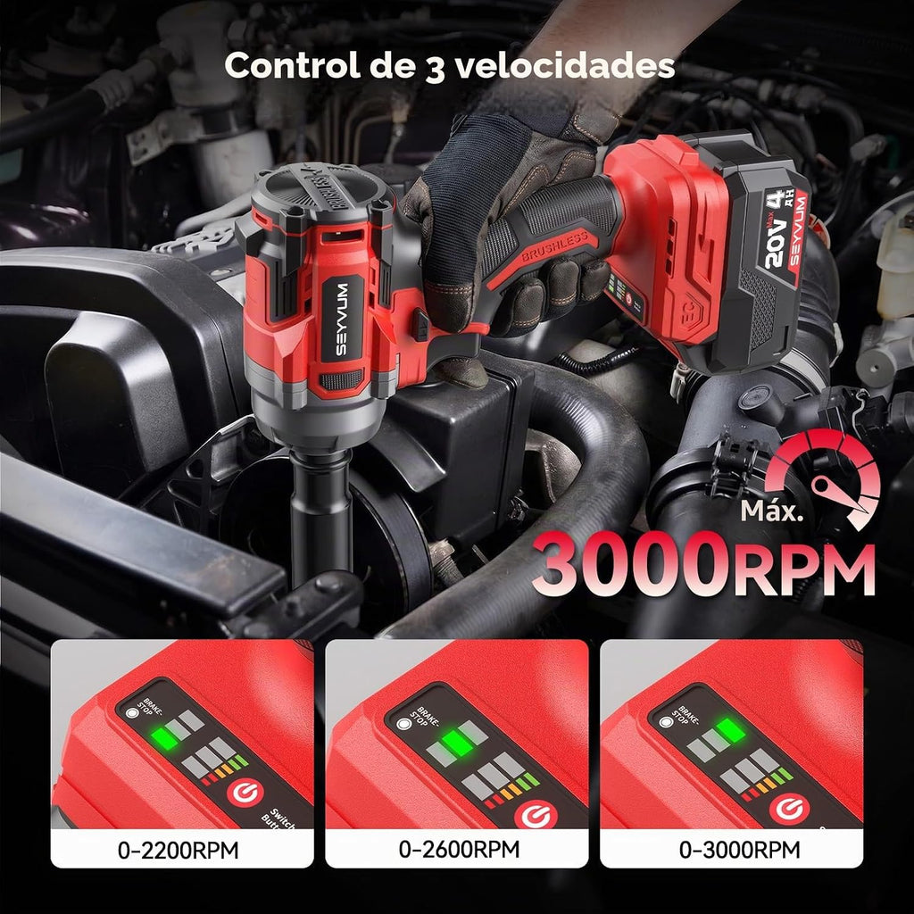 SEYVUM Llave de impacto, pistola de impacto de 1/2 pulgada, destornillador de impacto de potencia, par máximo de 320 pies-libras (430 N.m), llave de impacto inalámbrica con motor sin escobillas de 20