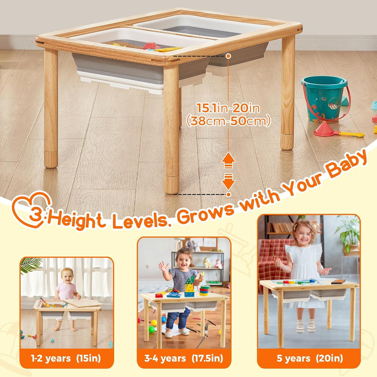 FUNLIO Mesa sensorial de madera para niños pequeños de 1 a 5 años, mesa de actividades para niños de 3 niveles de altura ajustable con tapa de madera contrachapada antideformación, mesa de arena y agua para interiores y exteriores, certificado CPC