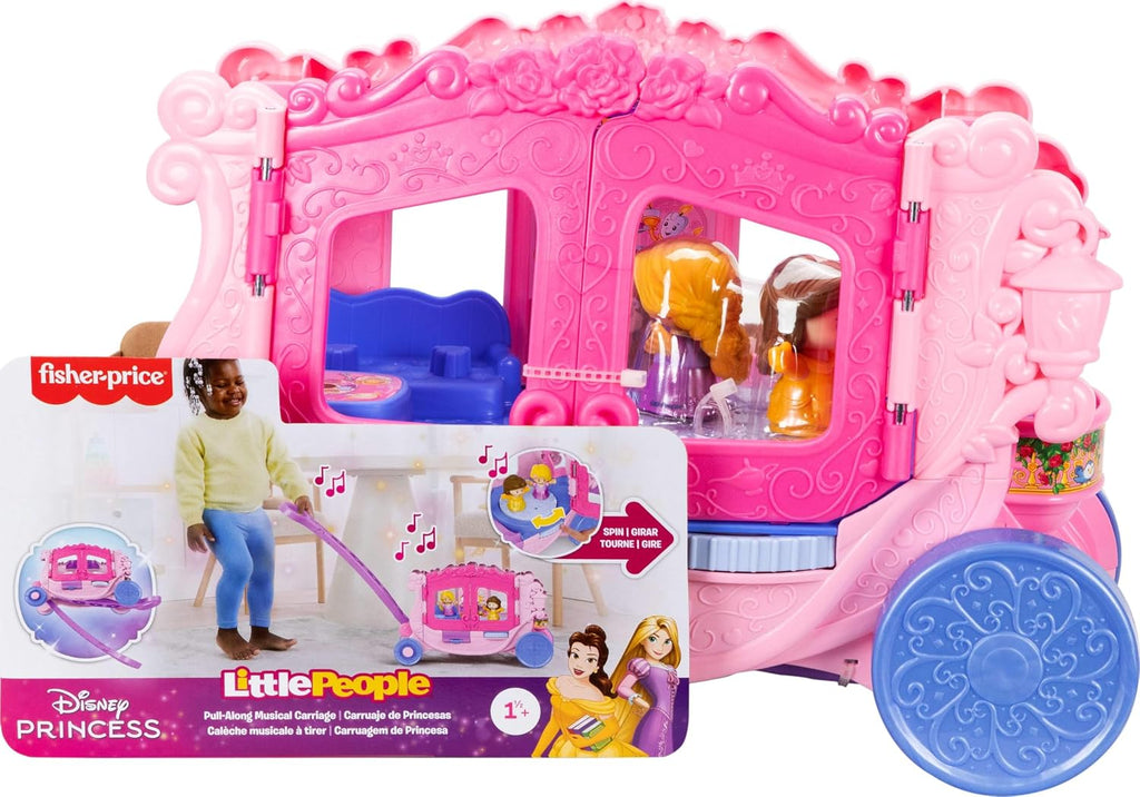 Fisher-Price Little People Juego de juguetes para niños pequeños Disney Princess Carrito musical tirable con figuras para juego de rol para niños de 18+ meses