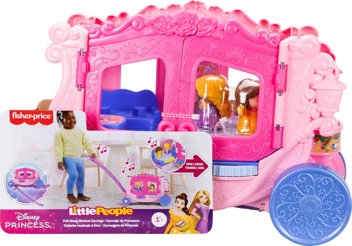 Fisher-Price Little People Juego de juguetes para niños pequeños Disney Princess Carrito musical tirable con figuras para juego de rol para niños de 18+ meses