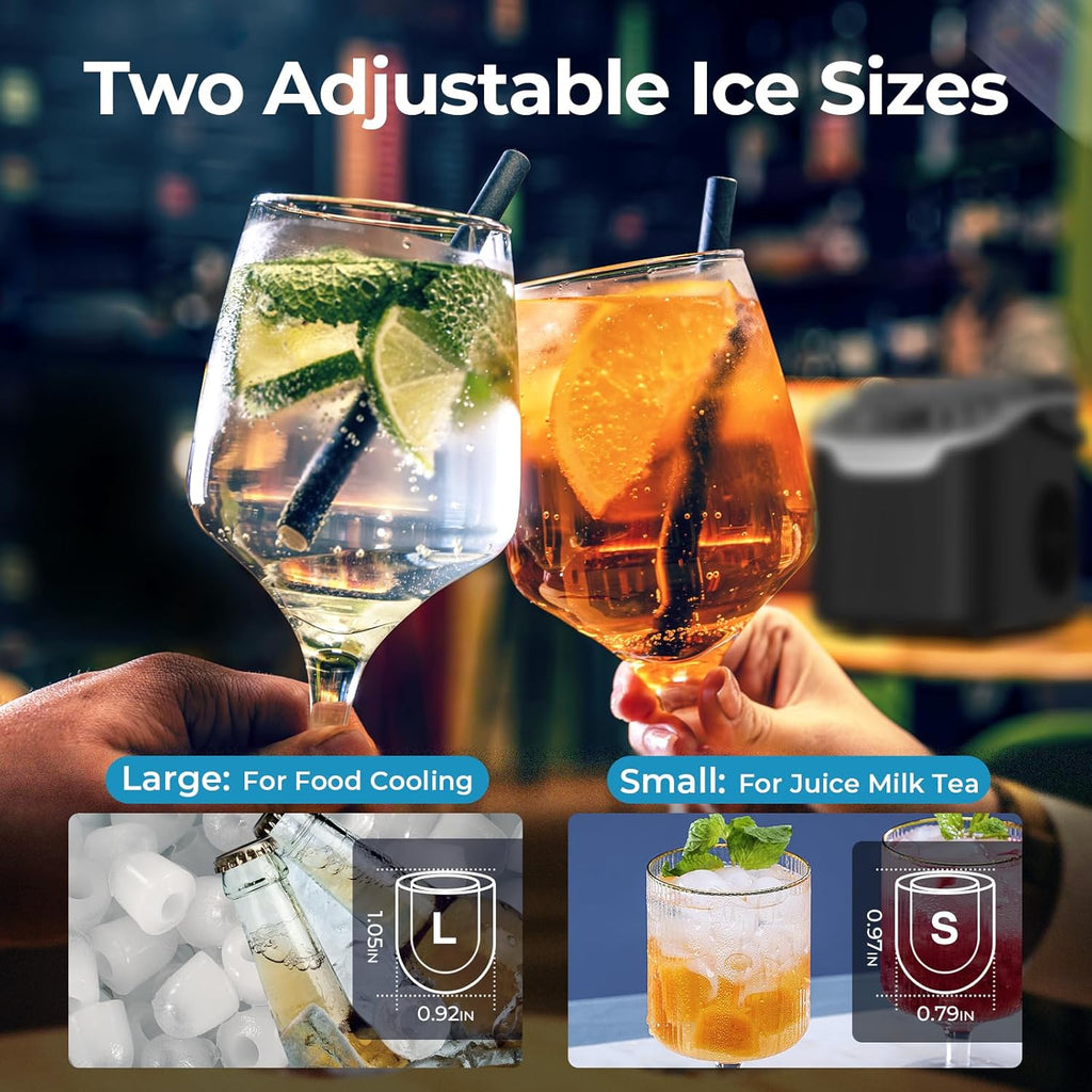 Máquina para hacer hielo de encimera, 8 cubos de hielo en 6 minutos, 26 libras/día de hielo tipo bala con 2 tamaños - Mini portátil, ahorro de energía y cesta/cuchara para hogar/fiesta/viajes