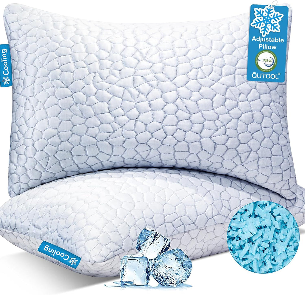 QUTOOL Juego de 2 almohadas refrescantes de espuma viscoelástica triturada CertiPUR-US, tamaño Queen, almohada fresca para personas que duermen con calor, almohada firme ajustable para personas que